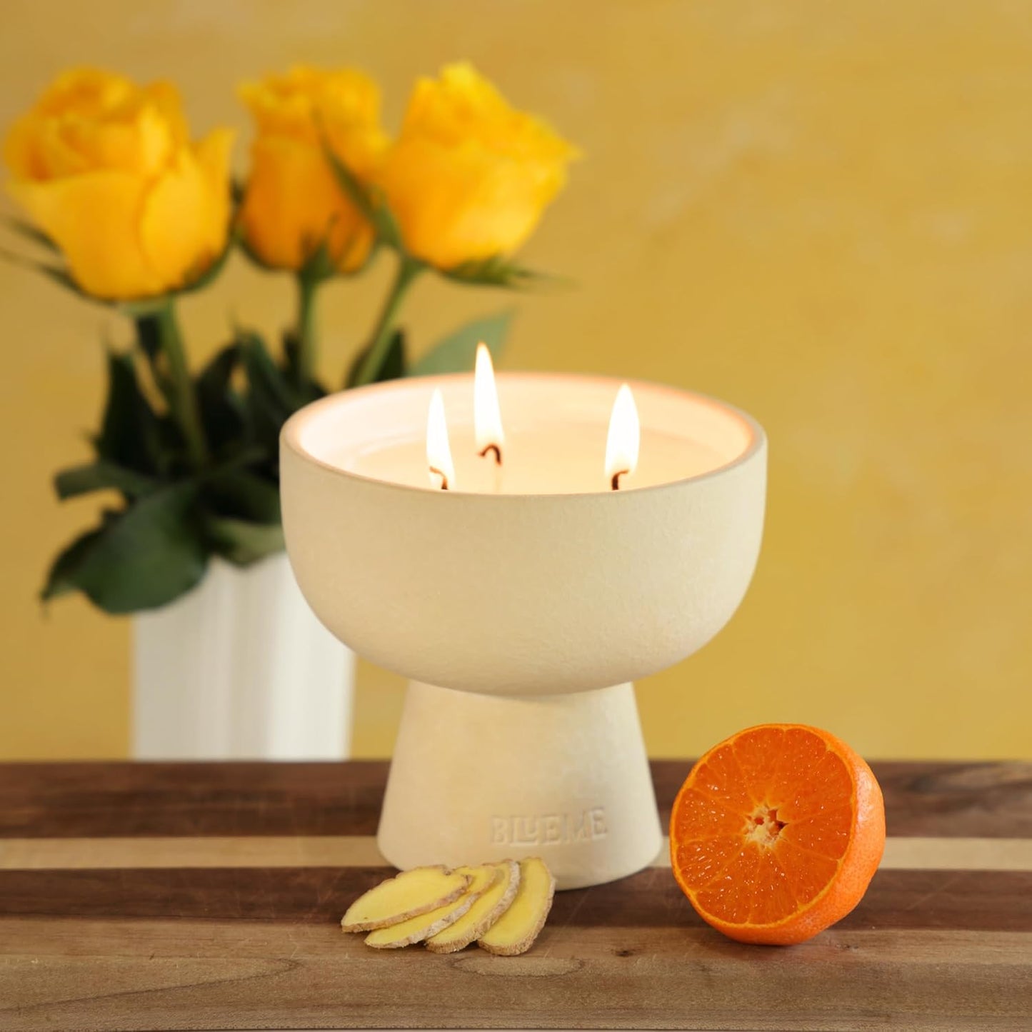 New BLUEME Wellness Candle Wax Refill, Contains Essential Oil, Sustainable, Hand Finished, Hand Poured, Premium, Luxury Ceramic, Natural Cotton Wick (45oz, Yuzu & Ginger)