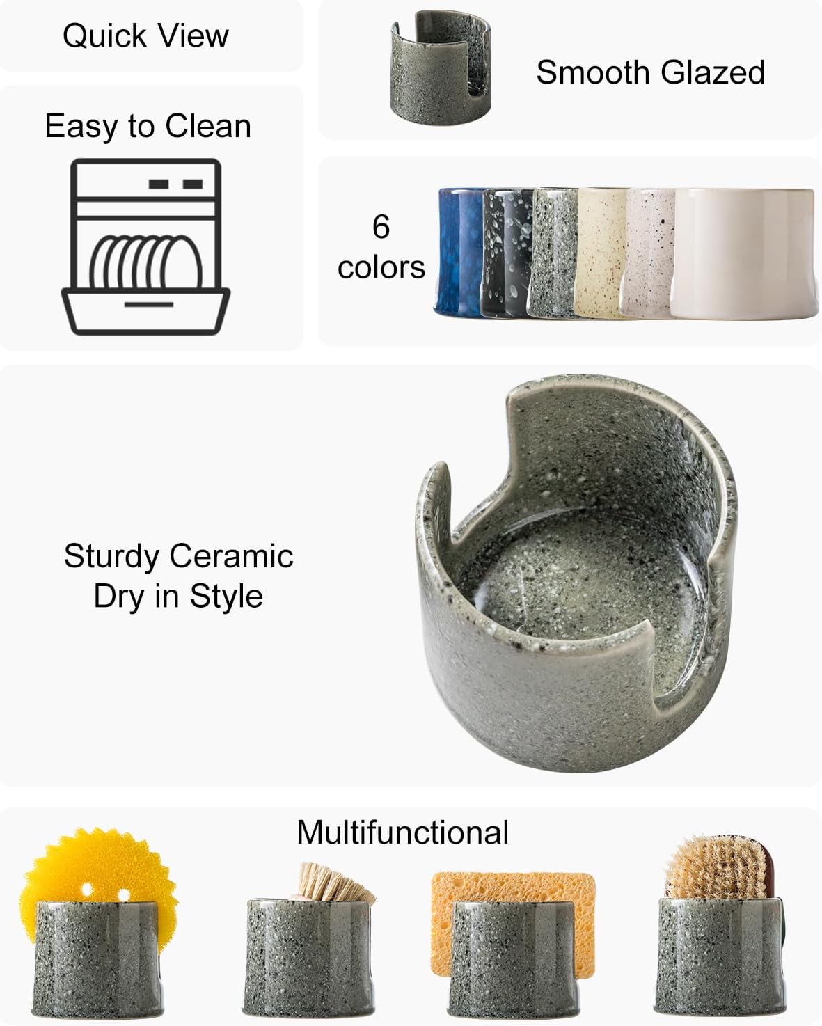 Kitchen Sponge Holder, Ceramic Dish Sponge Holder Scrubby Daddy Farmhouse Dish Rack Brush Holder for Bathroom, Kitchen, Sink, Special Gray