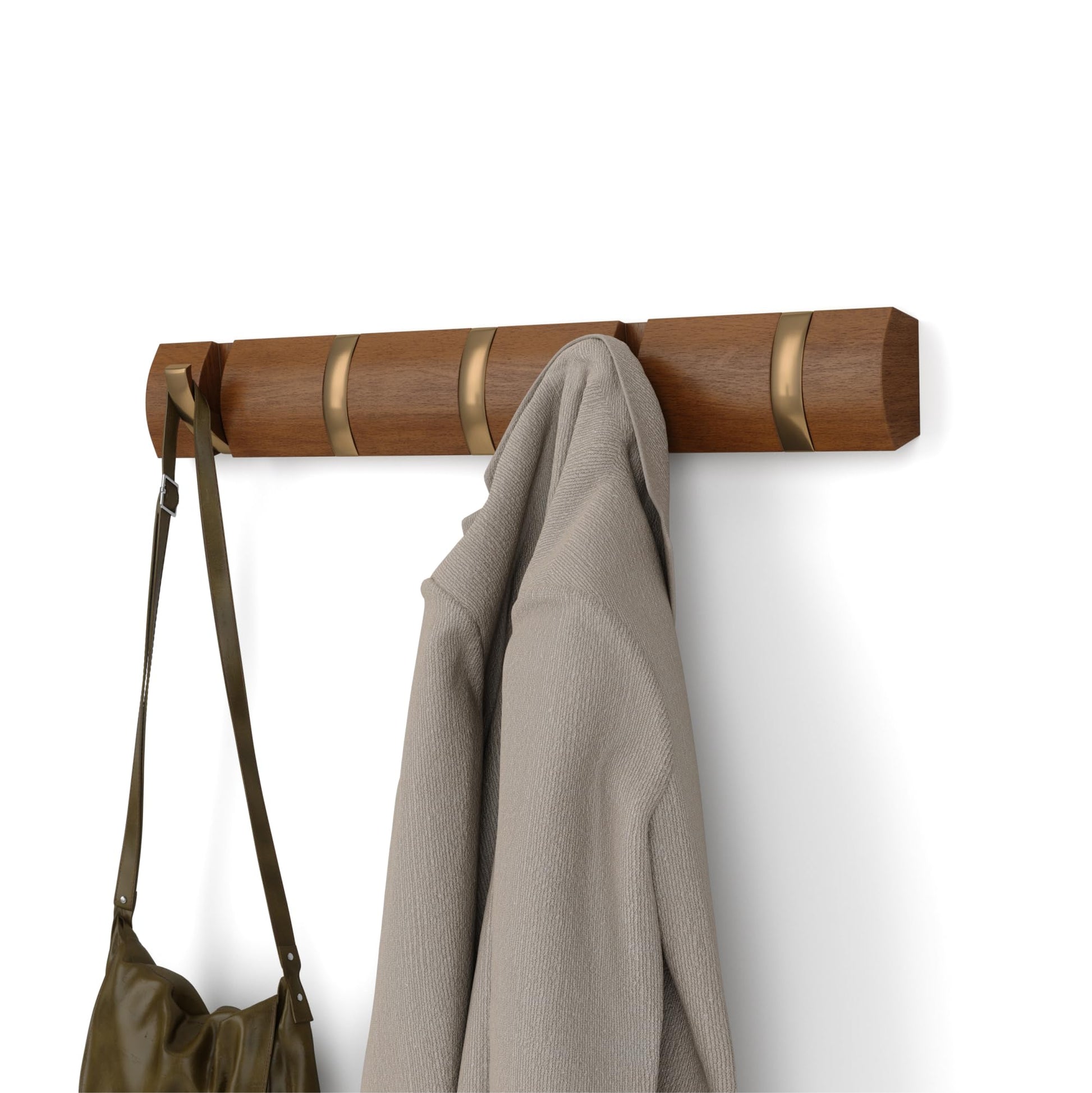 Umbra Flip Coat Rack, Wall Mounted 5-Hook Space Saving, Walnut/Gold