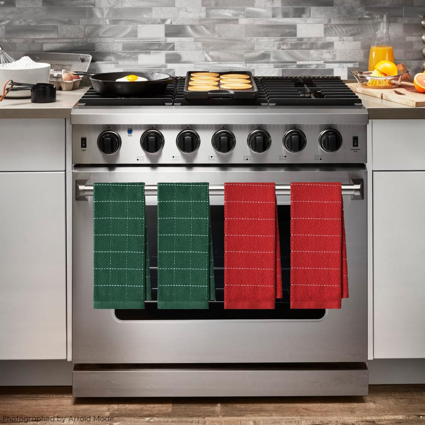 Artoid Mode Checkered Designed Cotton Red Green Terry Kitchen Dish Towels, 15x25 Inch Soft Absorbent Quick Drying Cleaning Tea Towels Set of 4