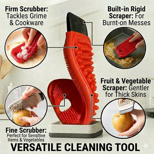 Red 3-in-1 silicone dish scrubber with scraper – view 2