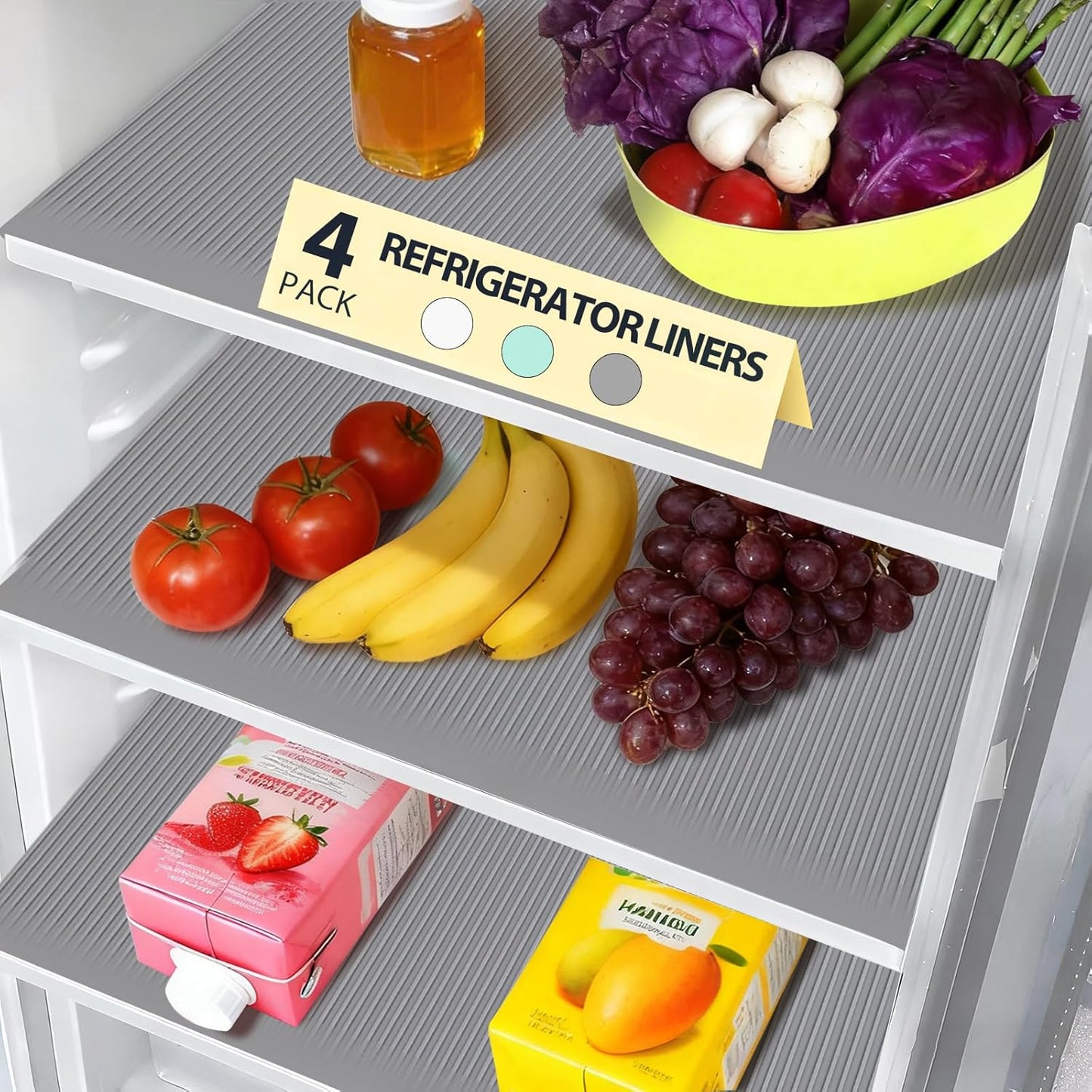 Non-Slip Silicone Refrigerator Shelf Liners (4 Pack), Waterproof Fridge Mats with Raised Edge, Cut-to-Fit Drawer & Cabinet Liners, Easy Clean Food-Grade Shelf Protector, Gray