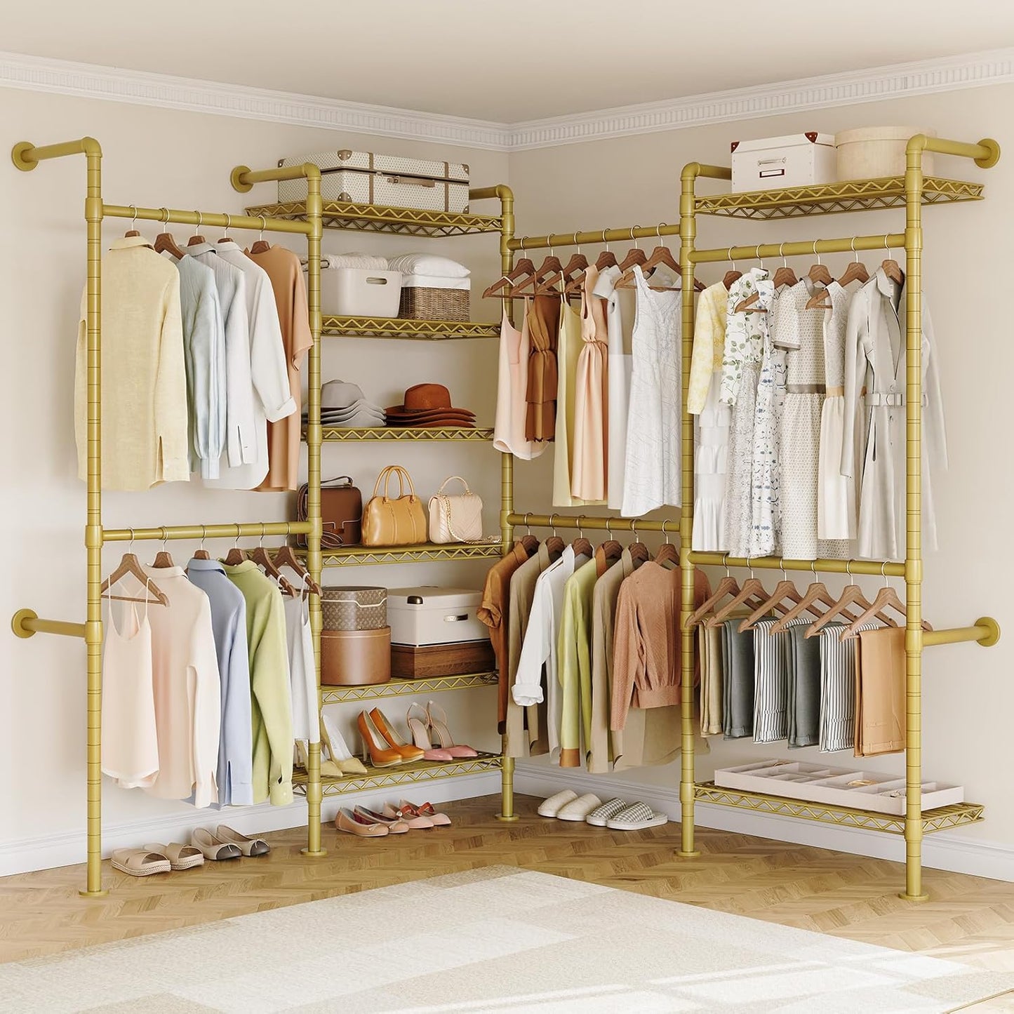 ONBRILL L4 Wall Mounted Industrial Pipe Clothing Rack, Closet Organizer System with 6 Hanging Clothes Rods ( 4 Expandable Rods) & 8 Shelves, Heavy Duty Corner Garment Rack, Large Wardrobe - Gold