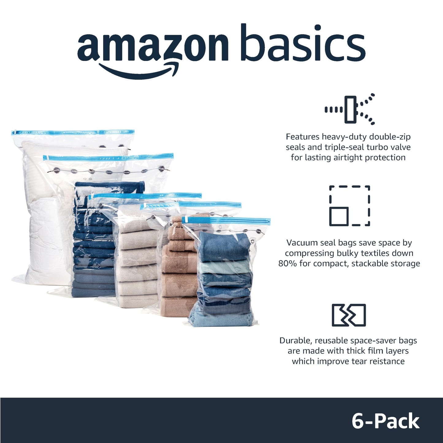 Amazon Basics Vacuum Storage Bags for Clothes, Space Saving Compression Storage Bags with Hand