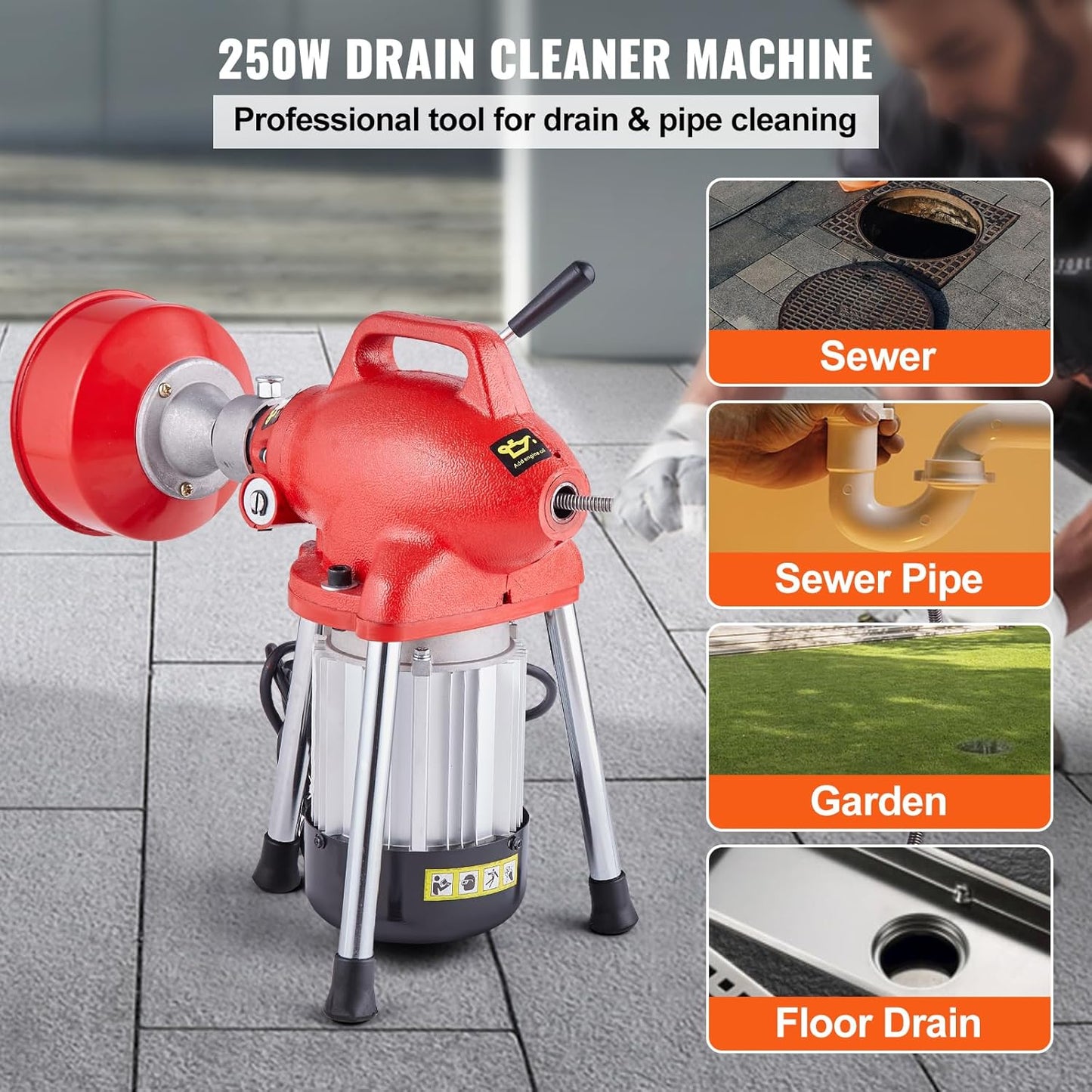 VEVOR Drain Cleaner Machine 66FT x 5/8 Inch, 250W Electric Sewer Snake Auger with 2 Sectional Steel Cables (66' x 5/8" and 15' x 3/8"), 7 Cutters and CW/CCW Control for 1.6" to 4" Pipes