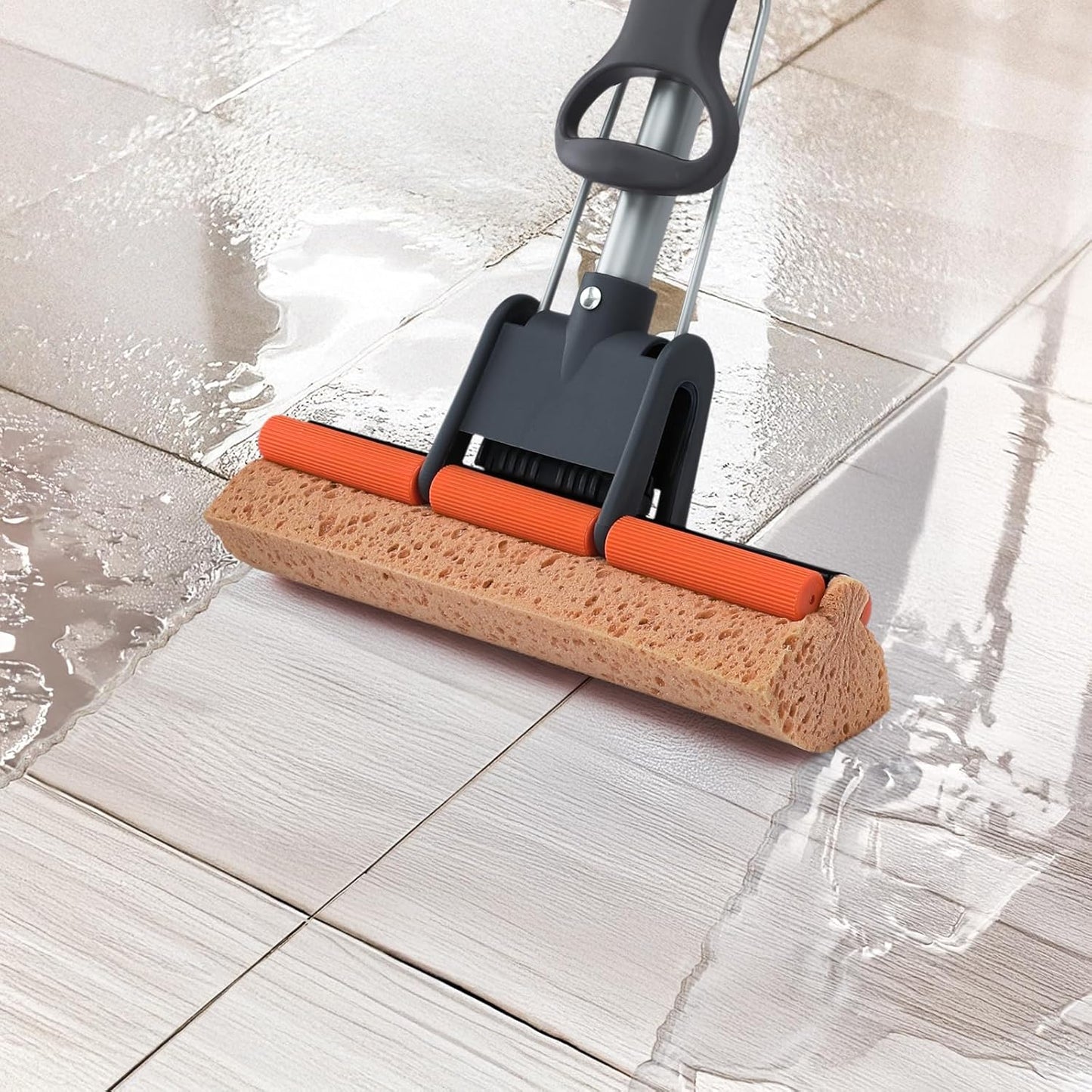 Sponge Mops for Floor Cleaning with 2 Cellulose Mop Head Refills and 55” Long Handle, Heavy Duty Roller Mop, Easy Self Squeeze for Hard Wood Tile Concrete Bathroom or Kitchen Floor Wall Ceiling