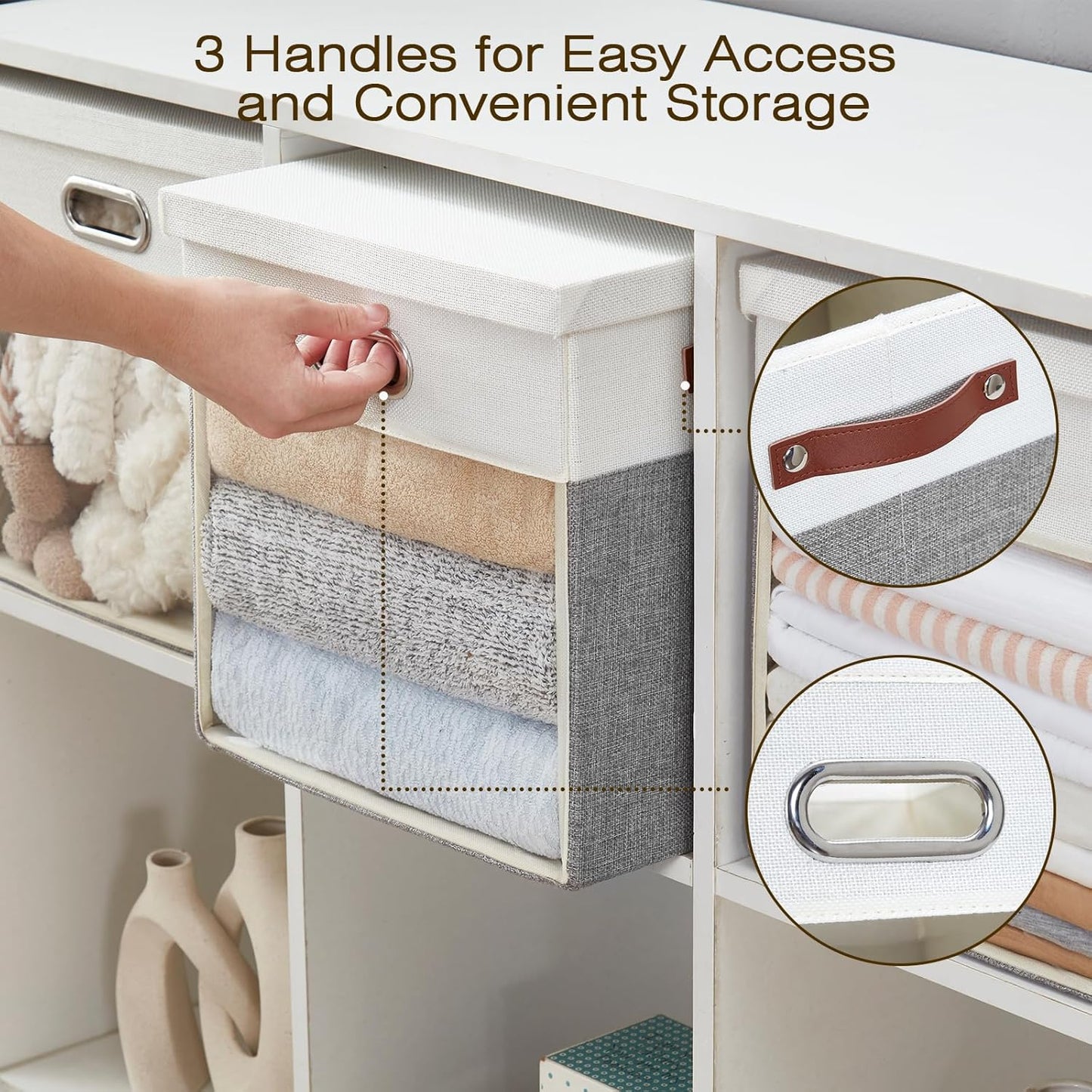 Fabric Storage Cubes with Clear Windows and Lids, 13'' Foldable Storage Bins with 3 Handles, Decorative Storage Boxes for Home, Bedroom, Closet, Office (Gray & White)