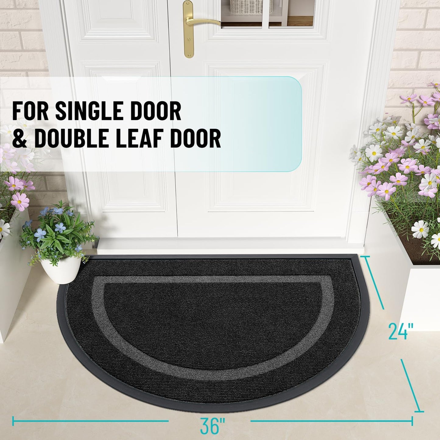 OLANLY Half Circle Door Mat Indoor Outdoor Entrance Welcome, Waterproof All-Season, All-Weather Doormat, Sturdy Natural Rubber, Low Profile, Easy Clean Patio Porch Entryway Mat, 36x24, Black