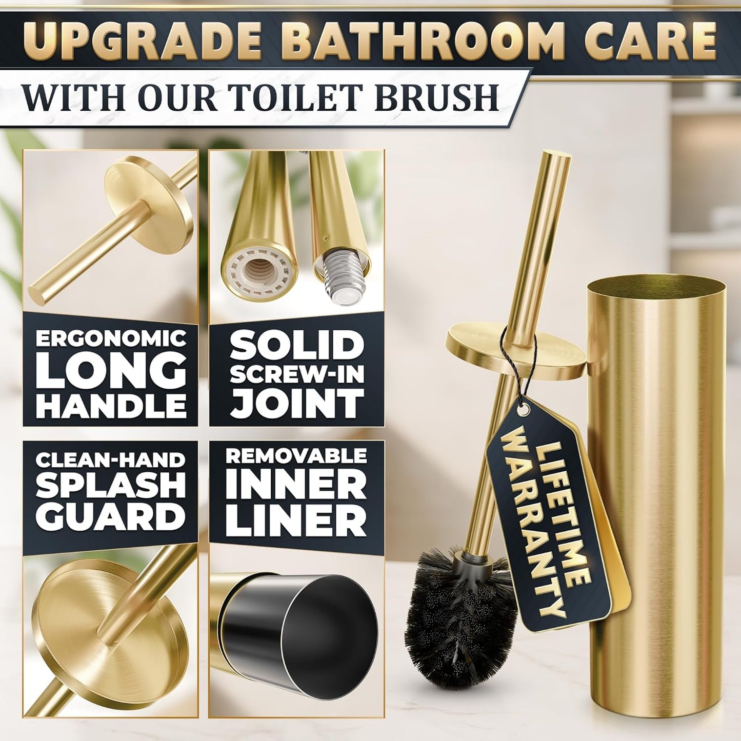 Gold Toilet Brush and Holder Set - Brushed Stainless Steel Gold Toilet Bowl Brush and Holder with Replacable Head, Removable Inner Bowl, and Splash Protection - Dense Bristles for Through Cleaning