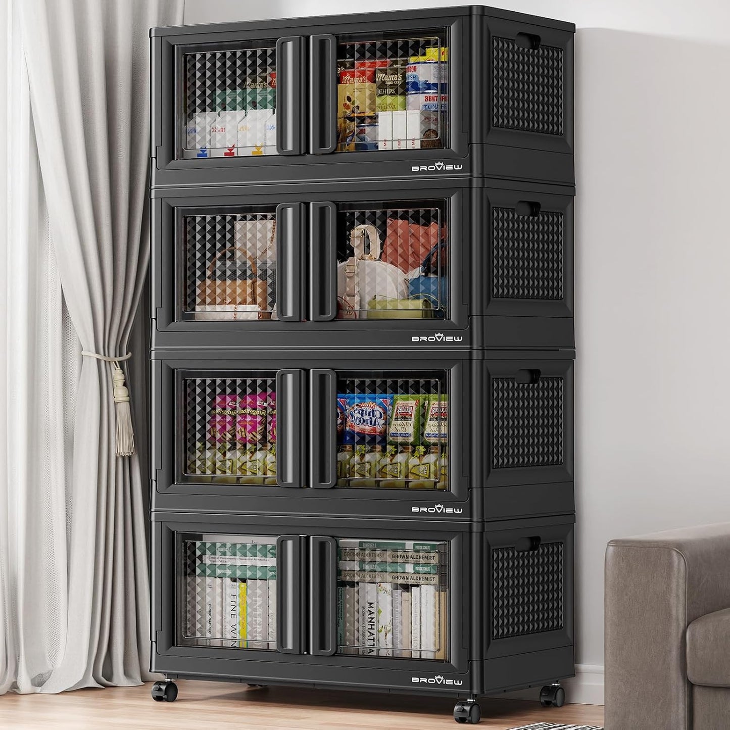 BROVIEW 400Qt Stackable Storage Bins with Lids, 100Gal Closet Organizers and Storage Drawer, Plastic Collapsible Storage Bins with Doors, Heavy Duty Store Box Cabinet for Home Kitchen, 4Pack Black