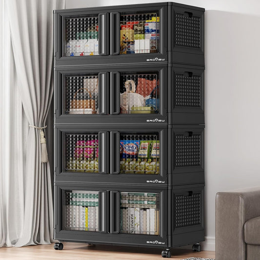 BROVIEW 400Qt Stackable Storage Bins with Lids, 100Gal Closet Organizers and Storage Drawer, Plastic Collapsible Storage Bins with Doors, Heavy Duty Store Box Cabinet for Home Kitchen, 4Pack Black
