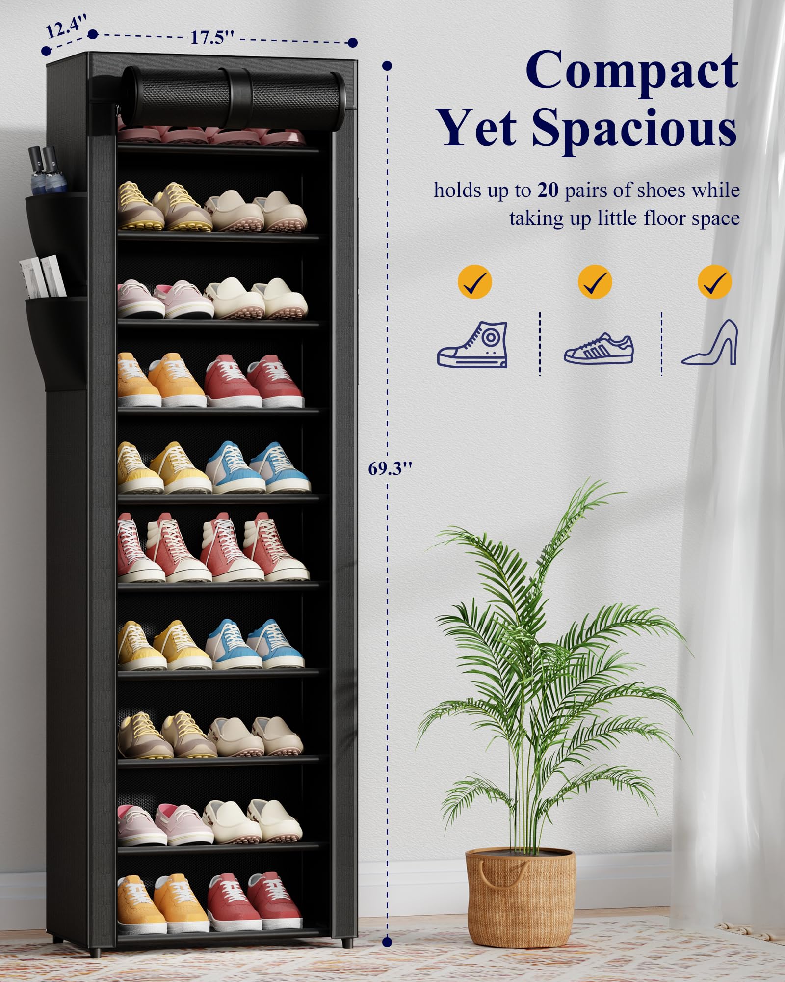 Kitsure 10-Tier Shoe Rack with Cover, Vertical Shelf, 17.5" Wide, Black