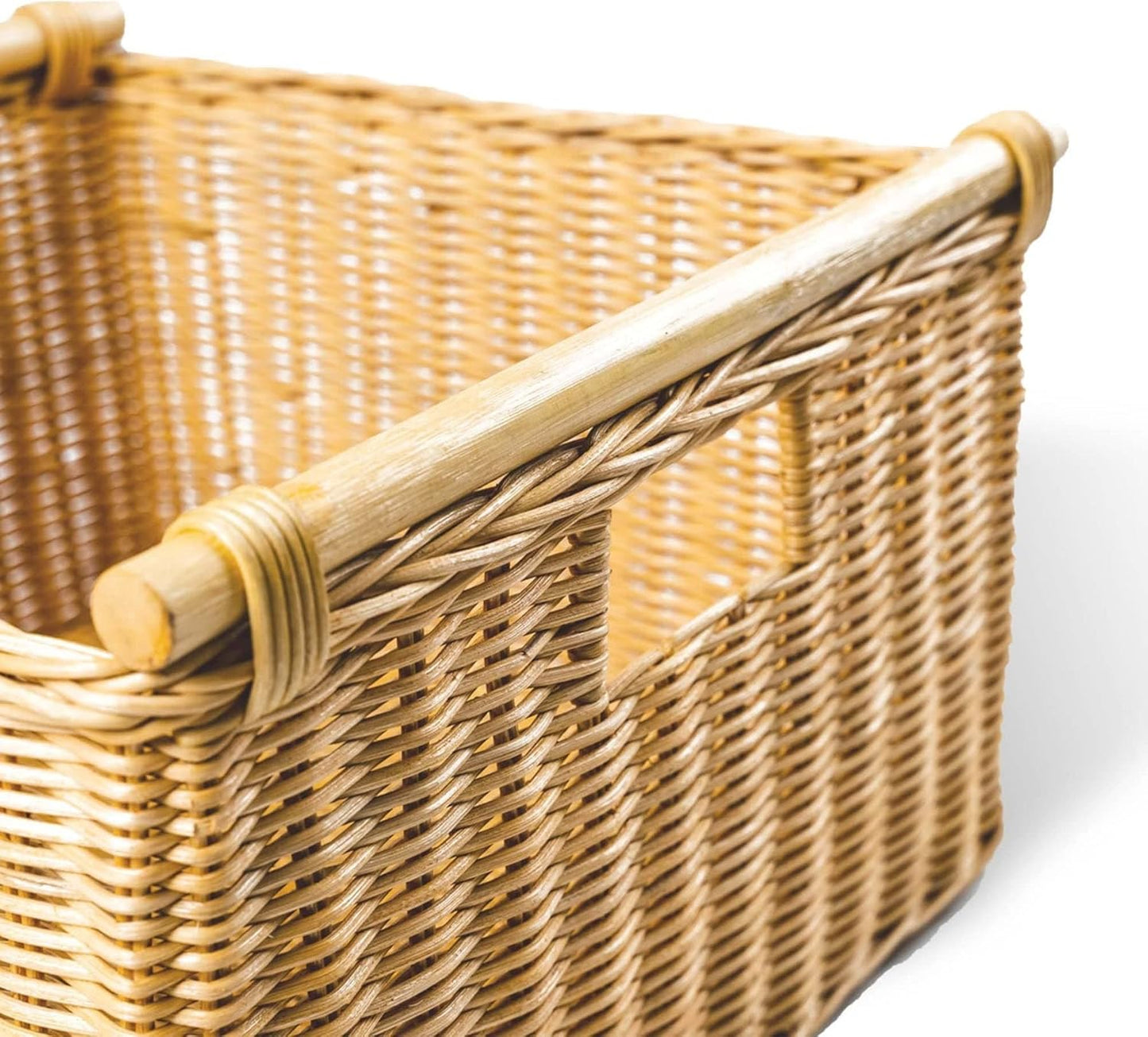 The Basket Lady Deep Pole Handle Wicker Storage Basket, Extra Large, 17.5 in L x 18 in W x 11.5 in H, Sandstone