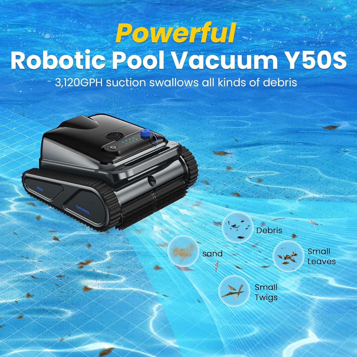 Y50S Robotic Pool Cleaner, Upgraded Motor, Powerful Wall-Climbing with Scrubber Brushes, Smart Path Navigation, Cordless Pool Vacuum for Inground Pools up to 2000 Sq.ft (Blue)