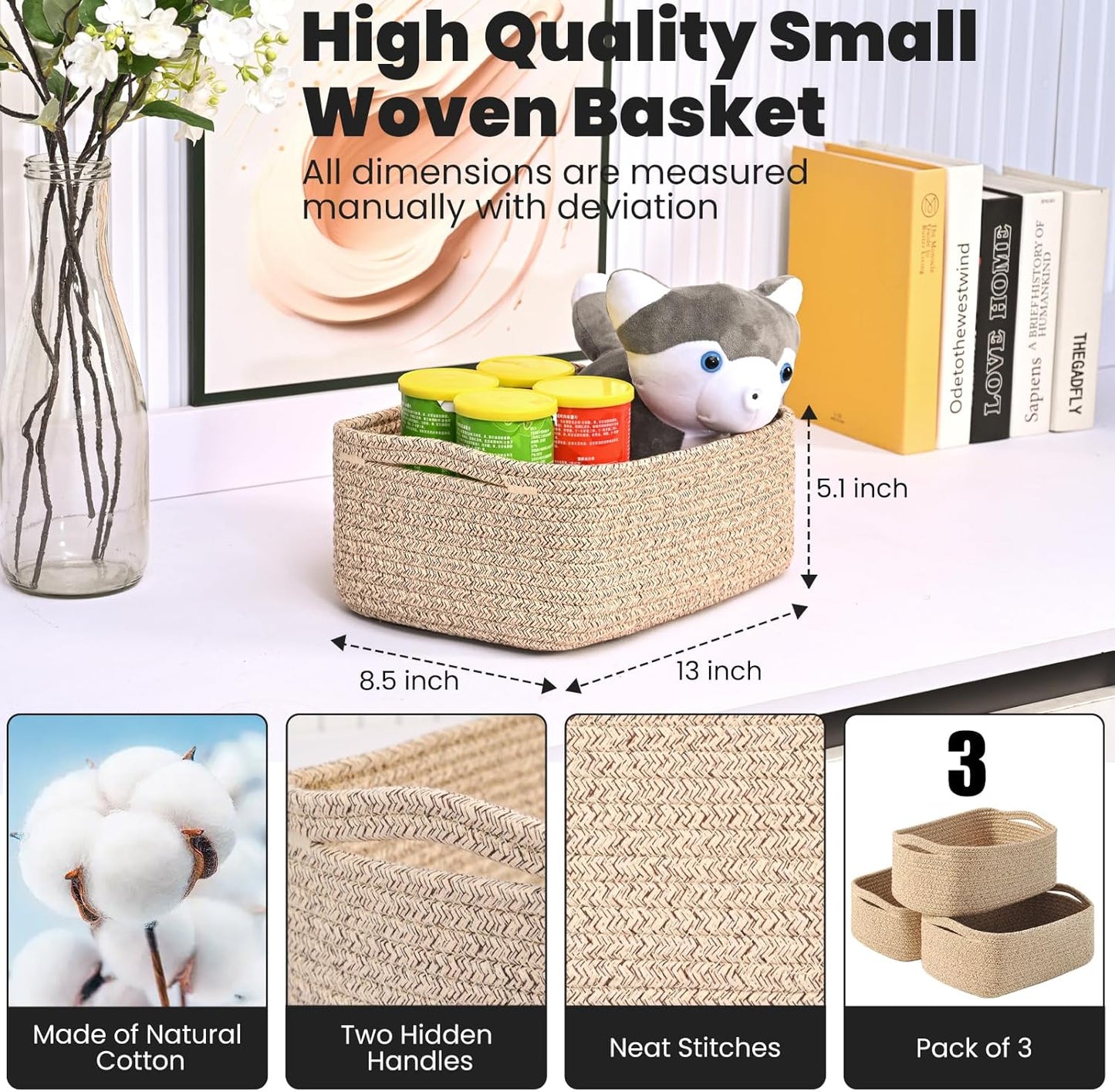 Small Baskets for Organizing, Woven Storage Baskets for Shelves, Small Rope Basket for Storage, Decorative Little Baskets for Gifts Empty, 13"×8.5"×5.1" (3 Packs) Brown