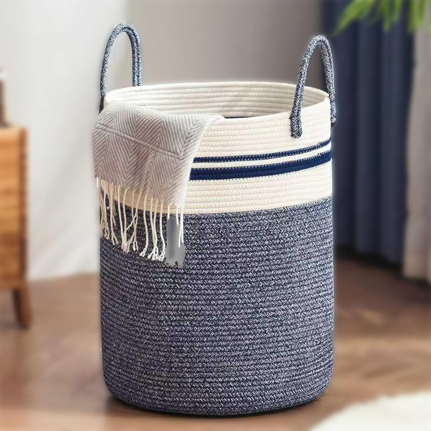 Woven Laundry Basket Hamper,60L Versatile Storage for Blankets,Toys and Clothes,Decorative and Storage for Living Room,Bathroom and Bedroom and Baby Nursery（Large-Blue）