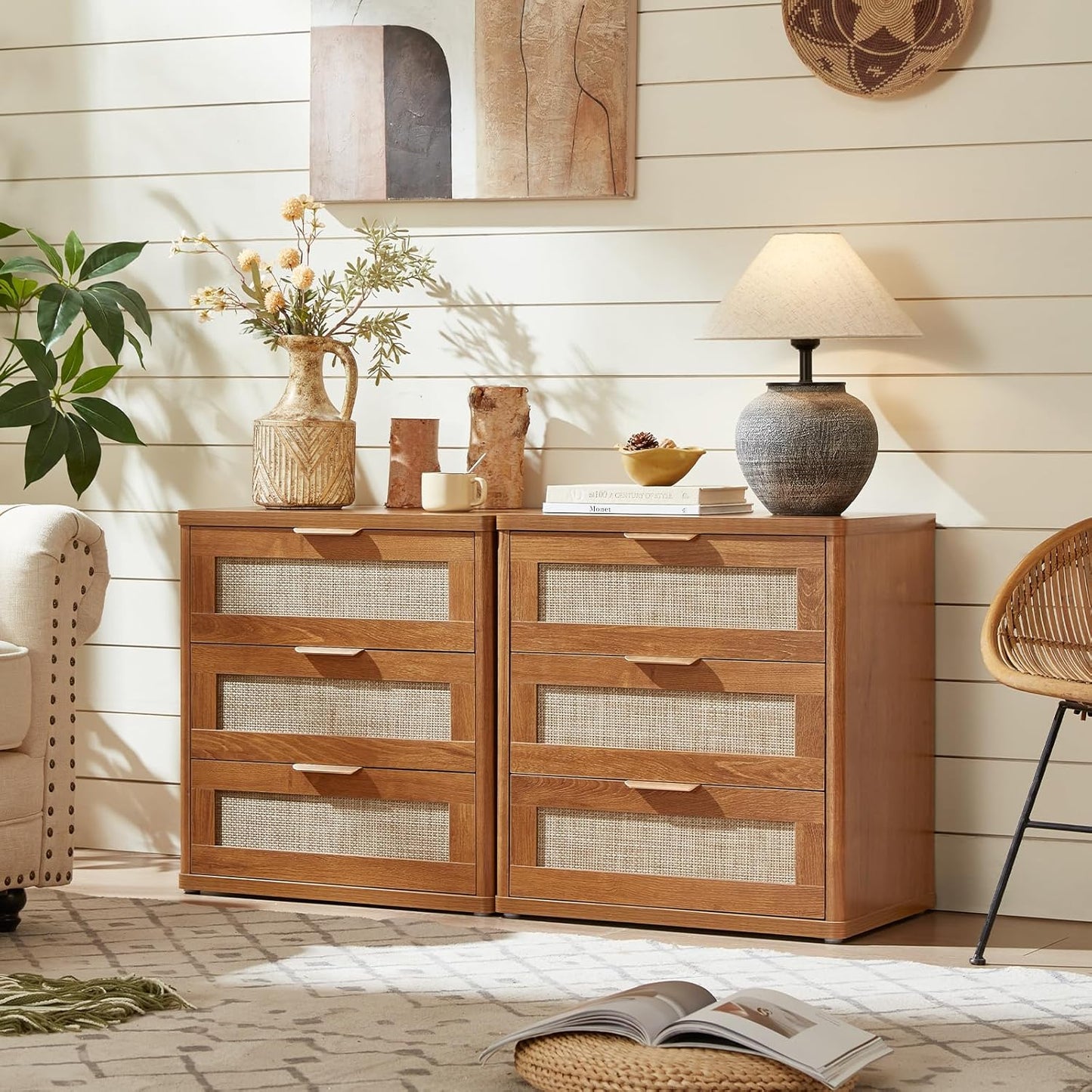 LEYAOYAO Rattan Night Stand Set of 2 with Drawers, 23" Large 3 Drawer Boho Nightstand, Natural Wood Bedside Table Storage Cabinet, Bed Side End Tables Dresser for Bedroom, Living Room, Hallway, Closet