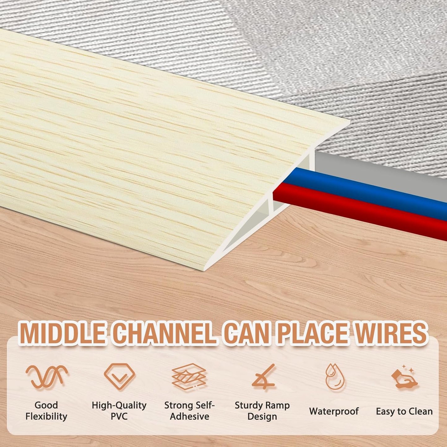 Floor Transition Strip Self Adhesive Vinyl Door Threshold for Doorways Carpet Edging Trim Overlap Edge Reducer for Laminate Floor, Carpet, Tile (Beige Wood Grain, 2/5" to 3/5", 10Ft)