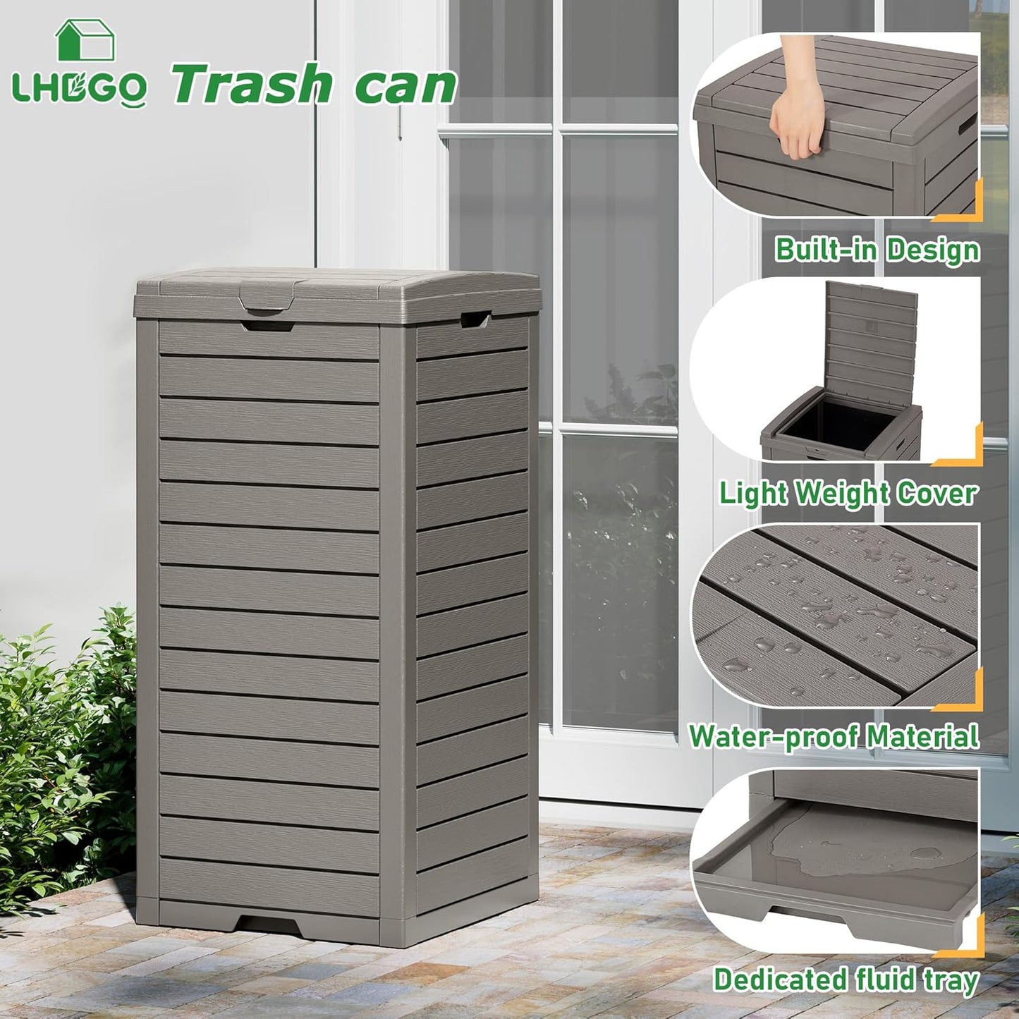 Outdoor Trash Can, 2 Set of 31 Gallon Garbage Can with Tiered Lid and Drip Tray, Waterproof Resin Patio Waste Bin for Garden, Backyard, Deck