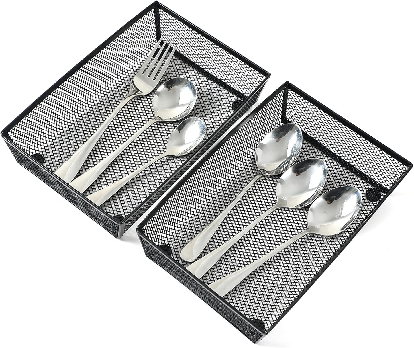 BYCY Silverware Drawer Organizer, Mesh Utensil Organizer for Kitchen Storage, Black Steel Metal Mesh Tray for Flatware Fork Spoon Knife (9x6-4P-Black)