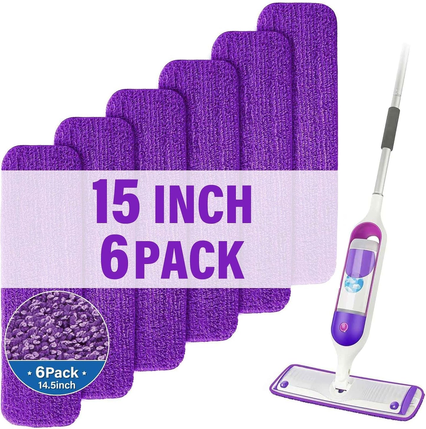 15 inch Mop Pads Refills, 6 Pack Microfiber Reusable Replacement Mop Pads Flat Replacements Heads for Wet Or Dry Floor Cleaning and Scrubbing, Purple Cloth