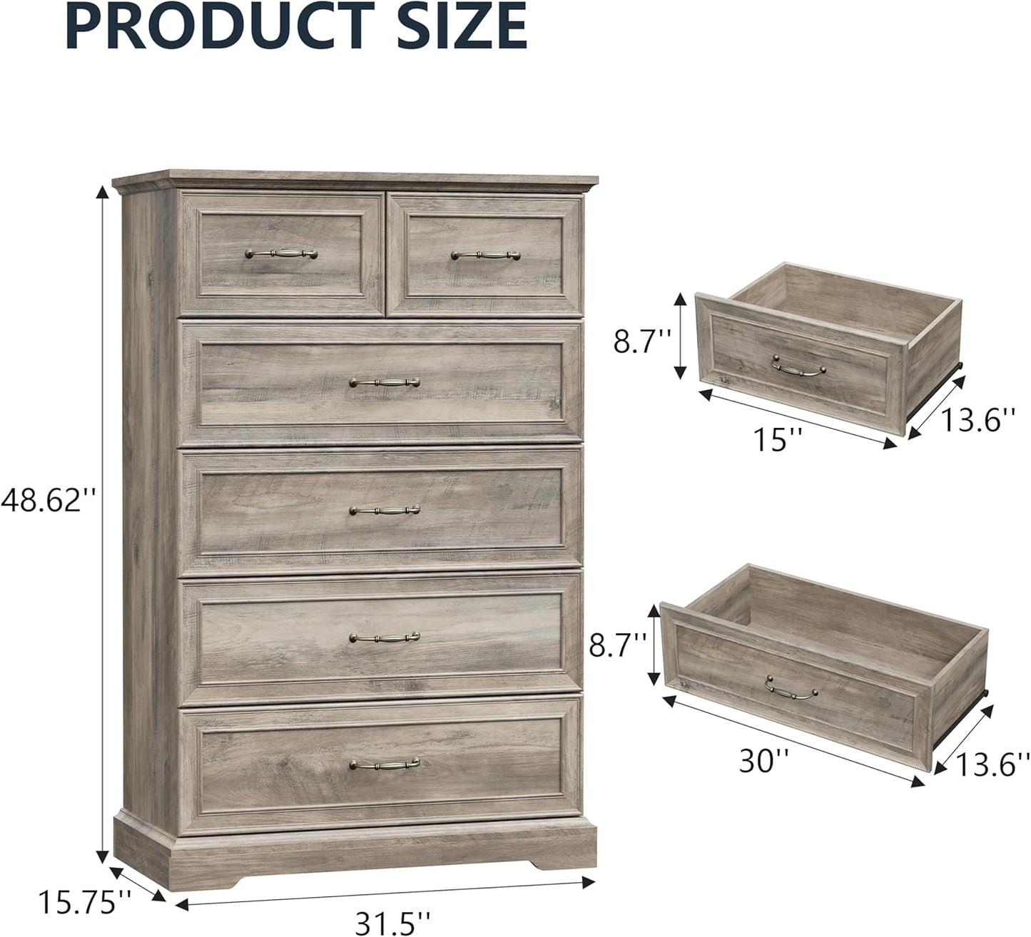 6 Drawer Dresser for Bedroom, 49" Tall Wooden Chest of Drawers, Rustic Farmhouse Dresser with Large Drawers & Metal Handles, Modern Storage Organizer for Closet, Living Room, Hallway, Grey