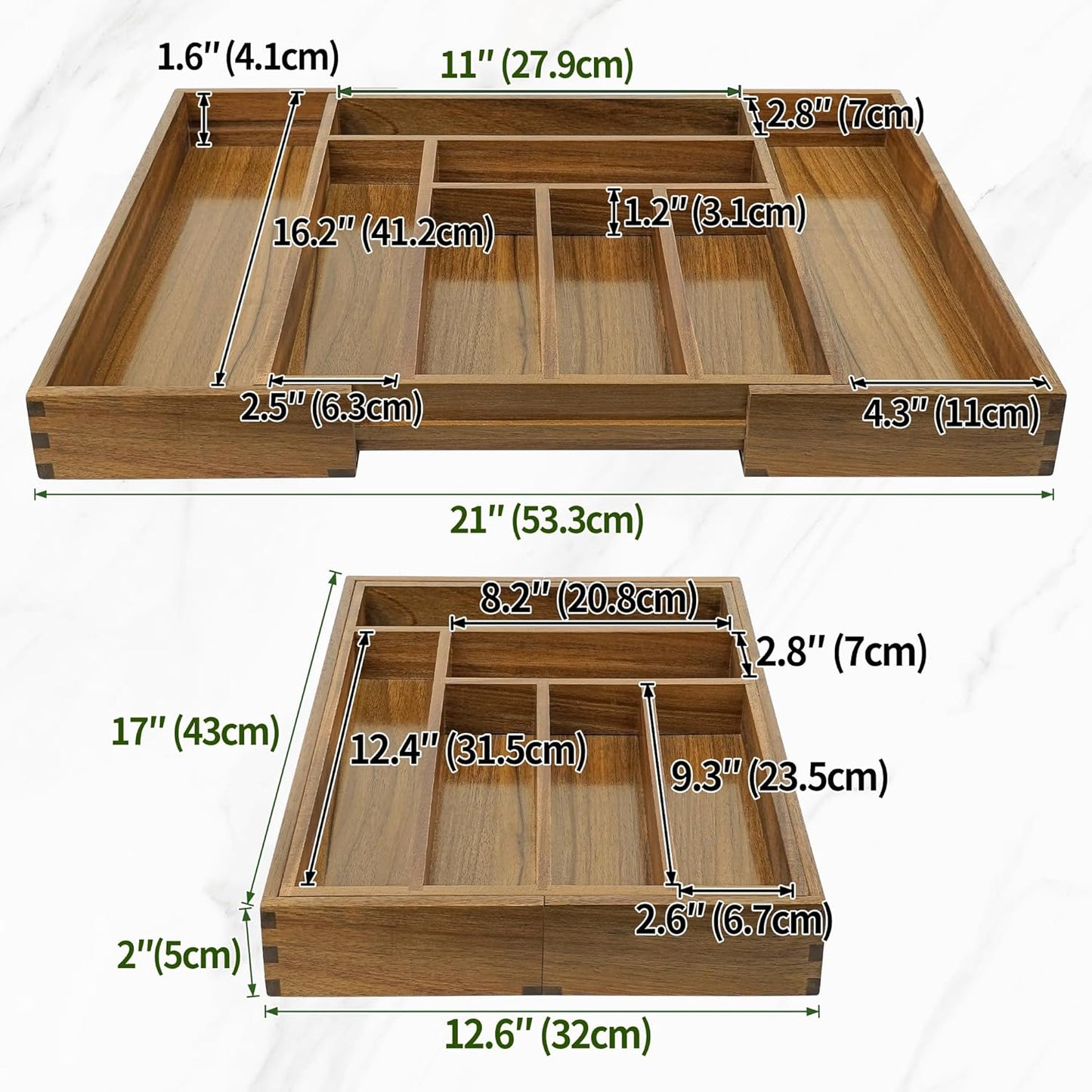 Luxury Acacia Kitchen Drawer Organizer - Silverware Organizer - Utensil Holder and Cutlery Tray with Grooved Drawer Dividers for Flatware and Kitchen Utensils (8 Slot), 17*12.4*2 inch