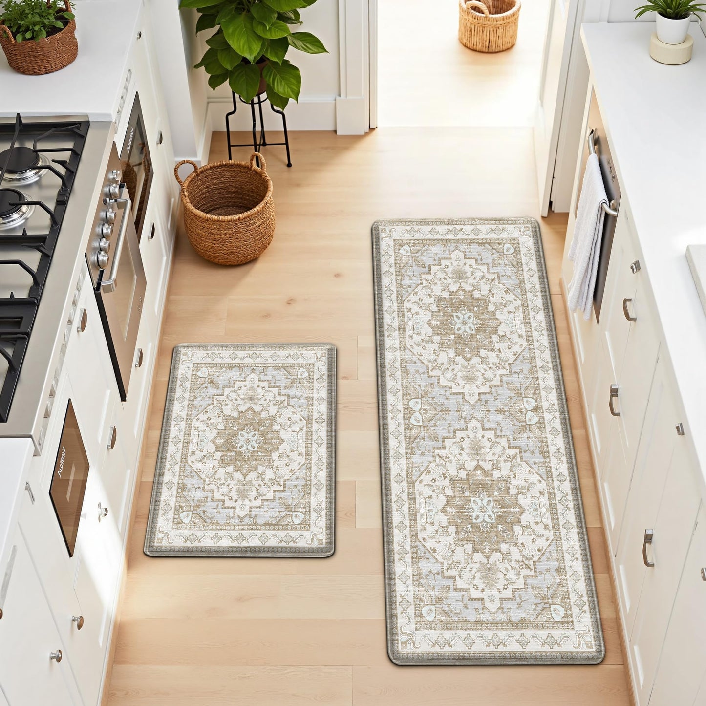 Boho Kitchen Mats for Floor 2 Piece Set Anti Fatigue Cushioned PVC Kitchen Rugs Non Slip Waterproof
