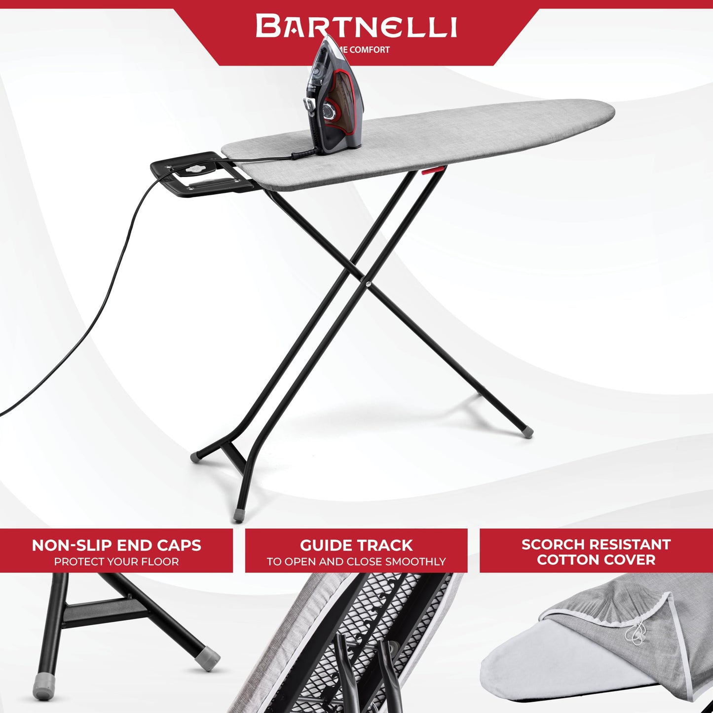 Bartnelli Extreme Stability Ironing Board 43x13 Upgraded Heavy-Duty Metal Frame & Iron Rest, Height