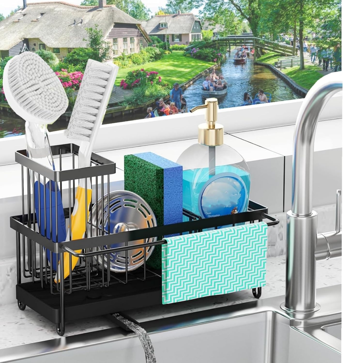Sink Caddy Sponge Holder with Auto Draining Tray, Space-Saving Soap Dispenser Storage Kitchen Organizer Accessories (Black Holder)