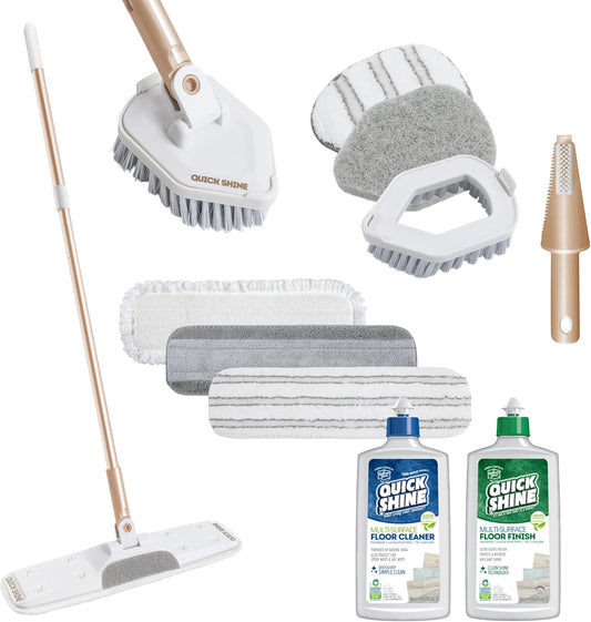Quick Shine Ultimate Gold Clean + Polish Mop Kit | All-in-One 11 Pc Kit w/Interchangeable Attachments | Cleaner & Polish Included | No Batteries Needed | All Floors Pro Cleaning System | 2-in-1 Mop