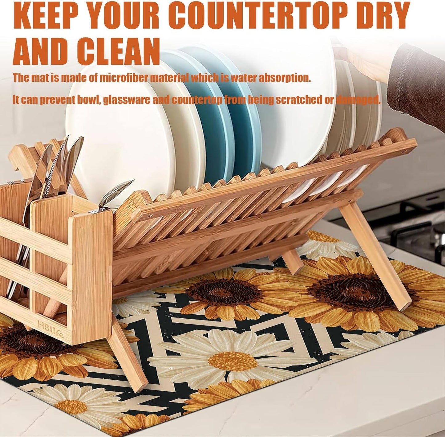 Vintage Sunflower Daisy Dish Drying Mat for Kitchen Counter Microfiber Absorbent Dish Kitchen Drying Mat Draining Reusable Washable for Dishes/Utensils/Counterto