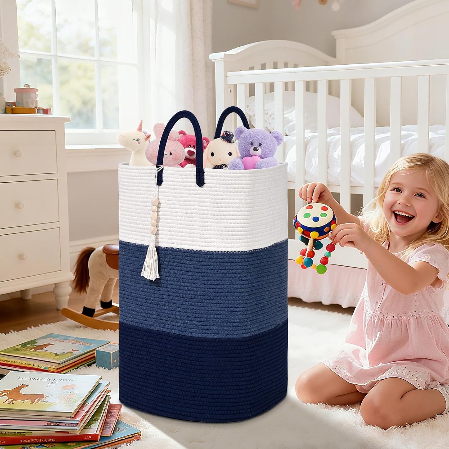 Woven Laundry Basket for Clothes,65 L Large Rectangle Laundry Hampers with Beads Tassel, Nursery Storage Basket for Toys, Tall Dirty Clothes Hamper for Bedroom Aesthetic, Laundry Room Organization