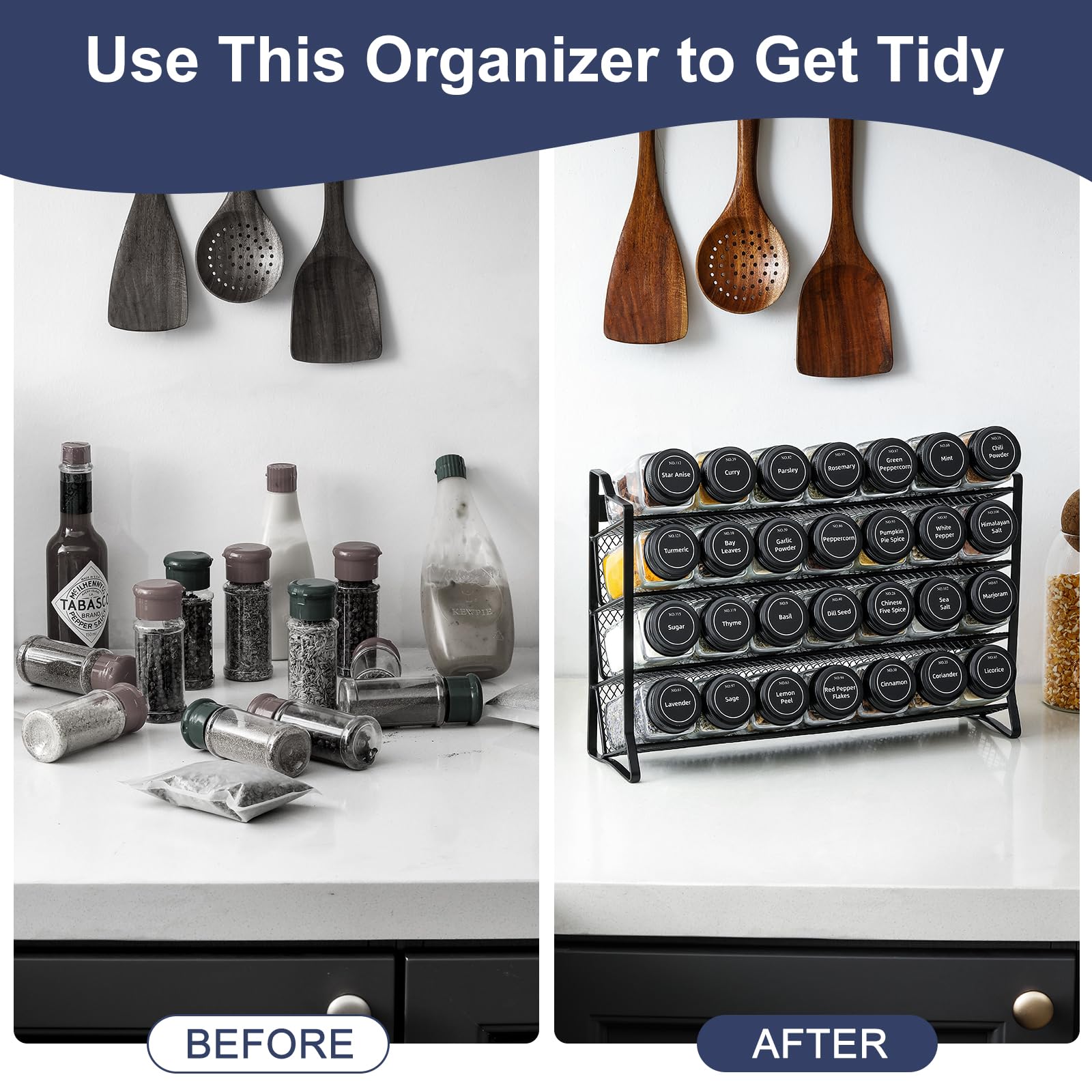 AOZITA Spice Rack Organizer for Cabinet, Spice Organizer with 28 Empty Spice Jars with Black Lids