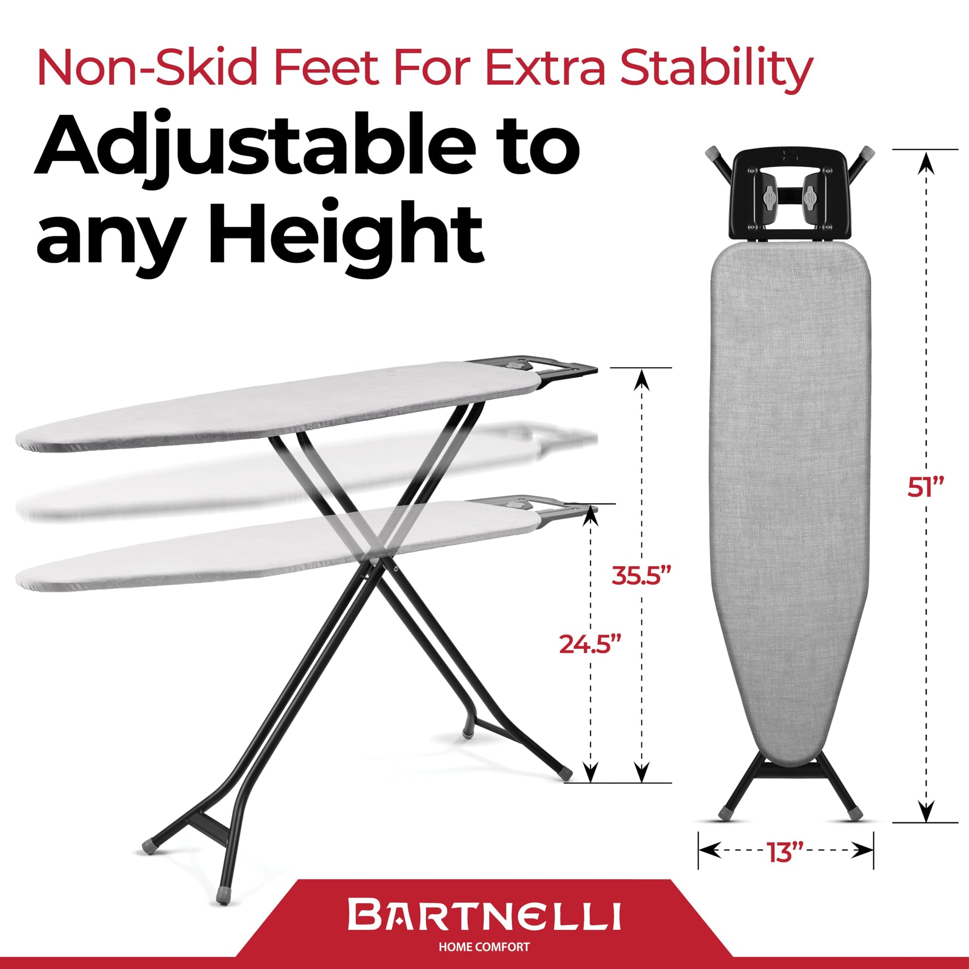 Bartnelli Extreme Stability Ironing Board 43x13 Upgraded Heavy-Duty Metal Frame & Iron Rest, Height