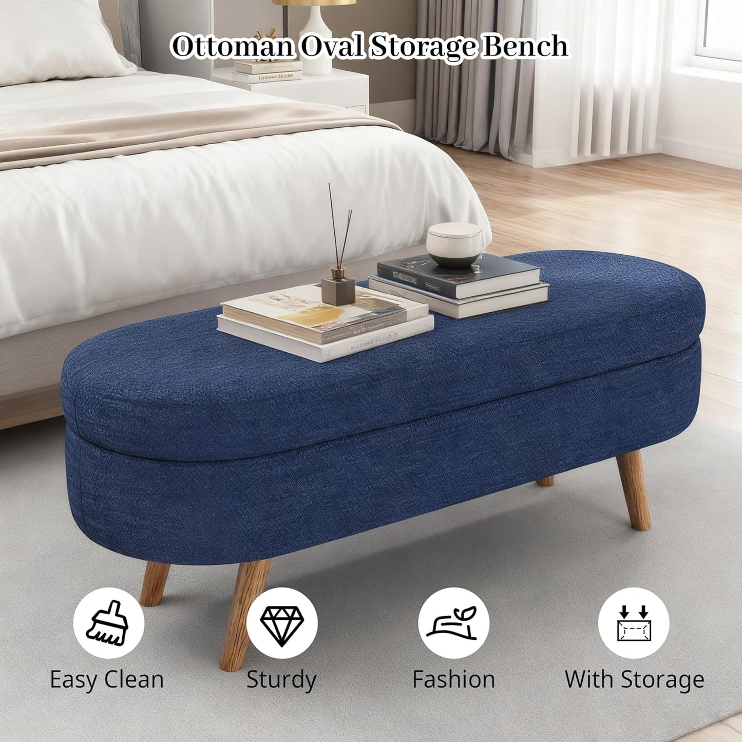 Storage Bench, 43" Storage Ottoman Bench, Shoe Storages Benches for Bedroom, Upholstered Entryway Benches with Seating, Rubber Wood Legs for Bedroom, Living Room, Entryway, Bed Side, Blue