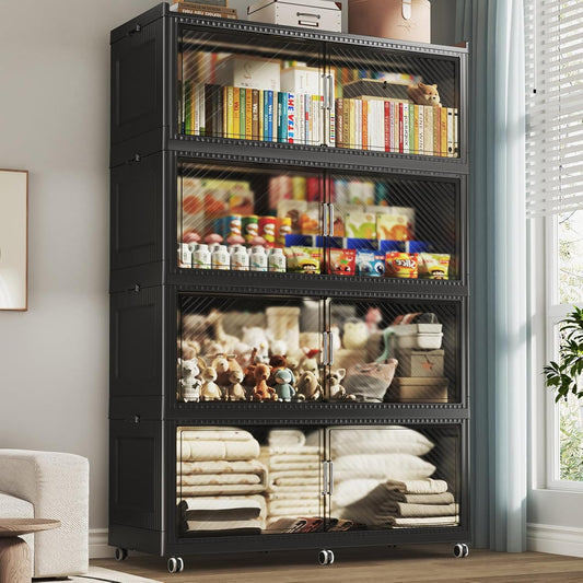 200GAL Extra Large Storage Bins with Lid, 800QT Collapsible Organizer with Wheels, Stackable Closet Cabinet with Doors, Folding Storage Containers for Home, Office, Dorm, 4Pack Black