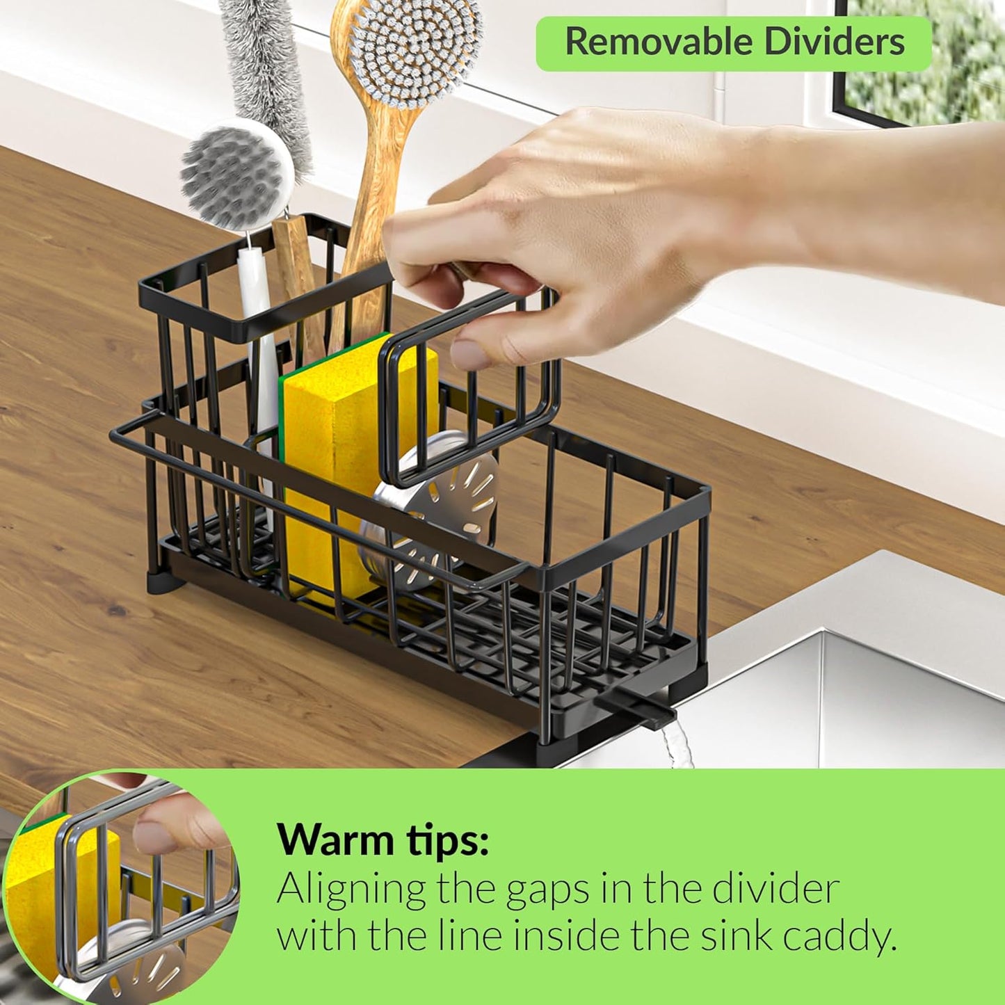 Self-Draining Kitchen Sink Caddy with Elevated Brush Holder – Rustproof Stainless Steel Multipurpose Sponge Holder for Kitchen Sink Organizer with Durable Design for Countertop