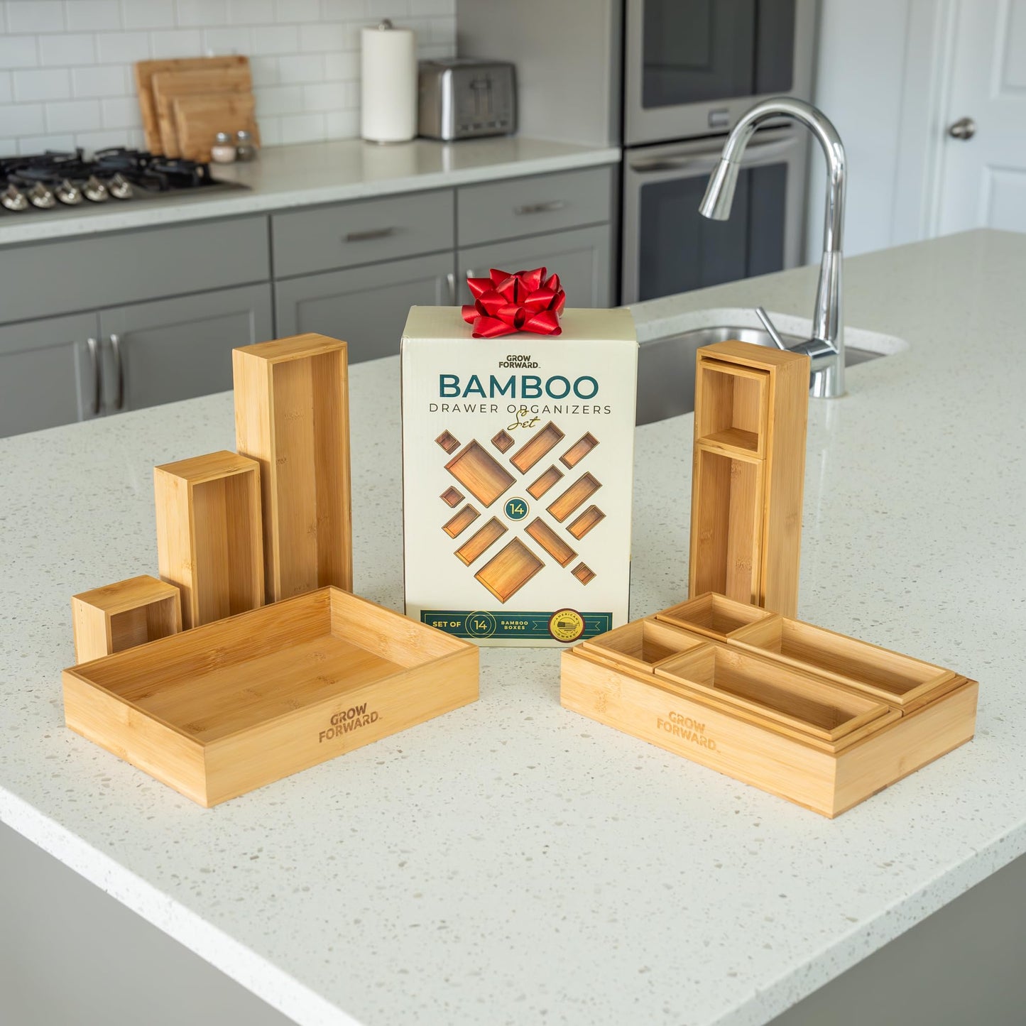 Grow Forward Bamboo Drawer Organizer Boxes - Set of 14 Wooden Drawer Organizers for Kitchen