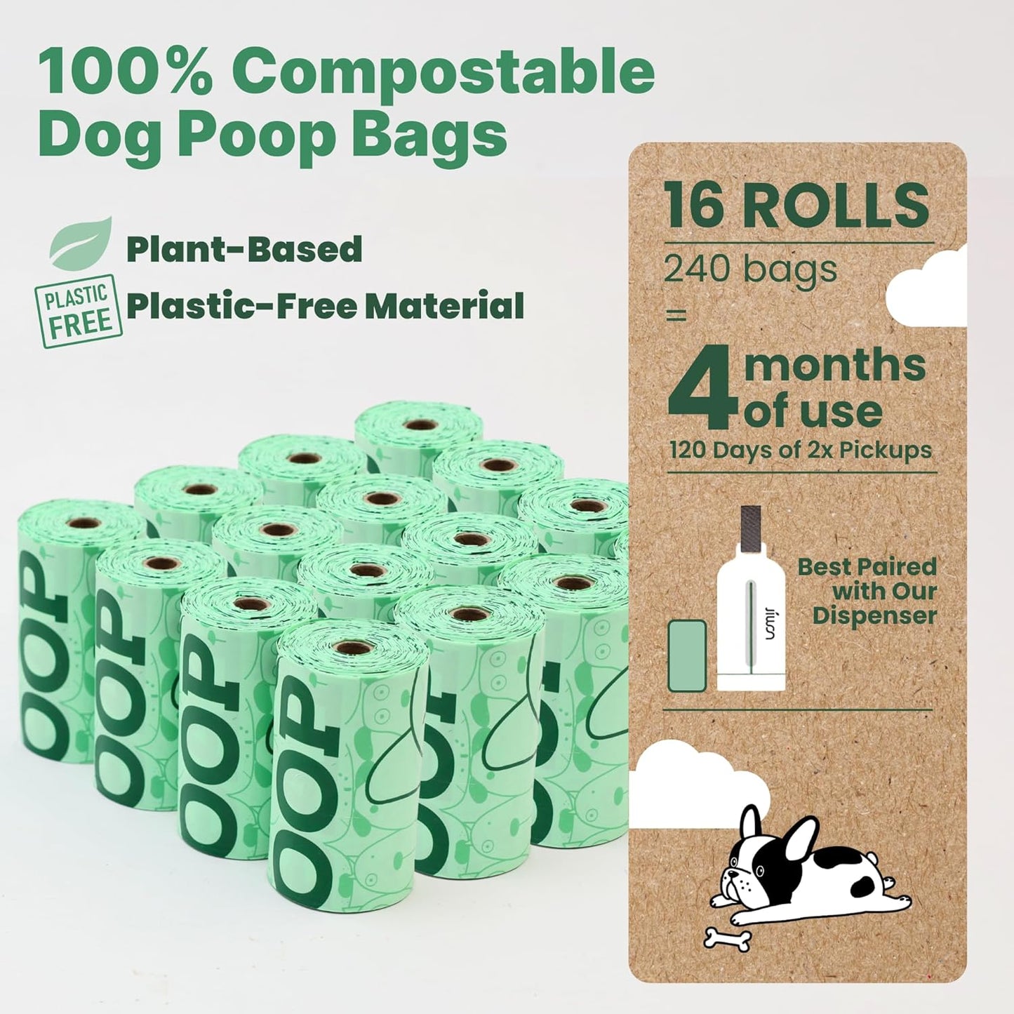JIWON 100% Certified Home Compostable Dog Poop Bags, 240 Count (16 Rolls), 9"x13", OK Compost & Seedling, Thick & Leakproof, Plant Based Compostable Waste Bags, Unscented