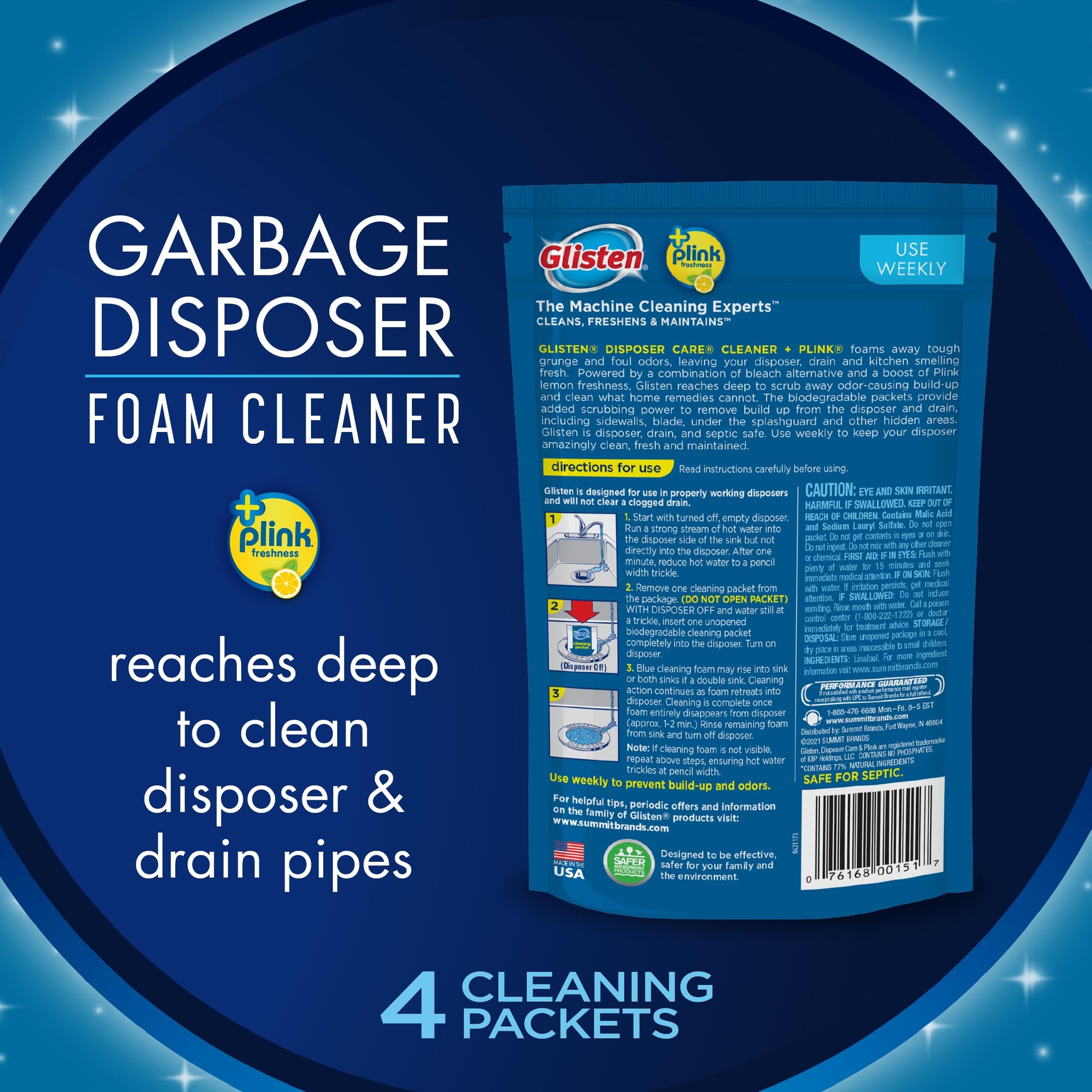 Glisten Garbage Disposal Cleaner and Odor Eliminator with Foaming Action, Removes Buildup and