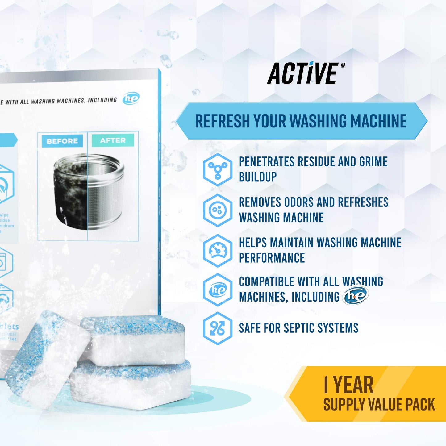Washing Machine Cleaner Descaler 24 Pack - Deep Cleaning Tablets For HE Front Loader & Top Load