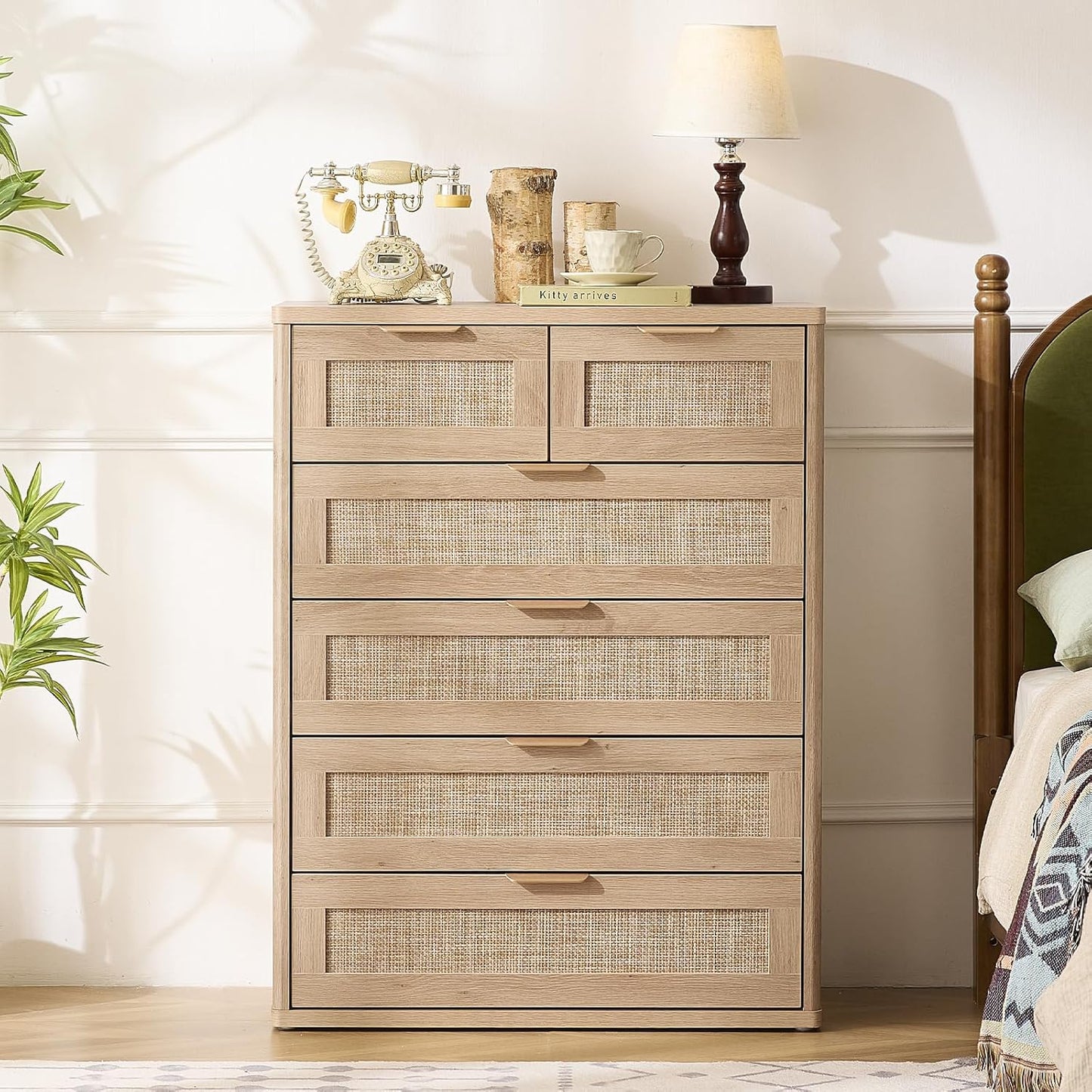 LEYAOYAO Rattan Dresser for Bedroom Set of 2, 42" Tall Chest of Drawers, Modern 6 Drawers Boho Dressers with Storage, Light Oak Dresser Wooden Closet Organizer for Living Room, Hallway, Natural Wood