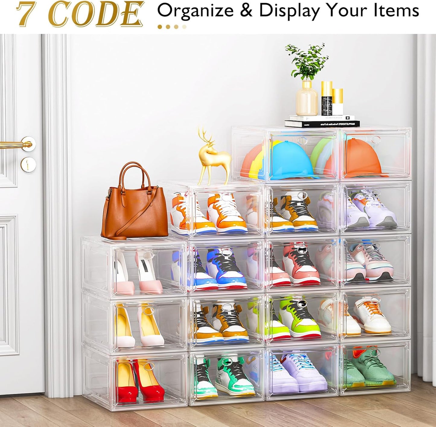 Thicken & Sturdy Clear Shoe Storage Organizer with Magnetic Door, Stackable Boxes for Closet, Foldable Space-Saving Shoe Rack for Sneaker Boot Container, Plastic Shoe Cabinet Shoe Box 6 Pack, White