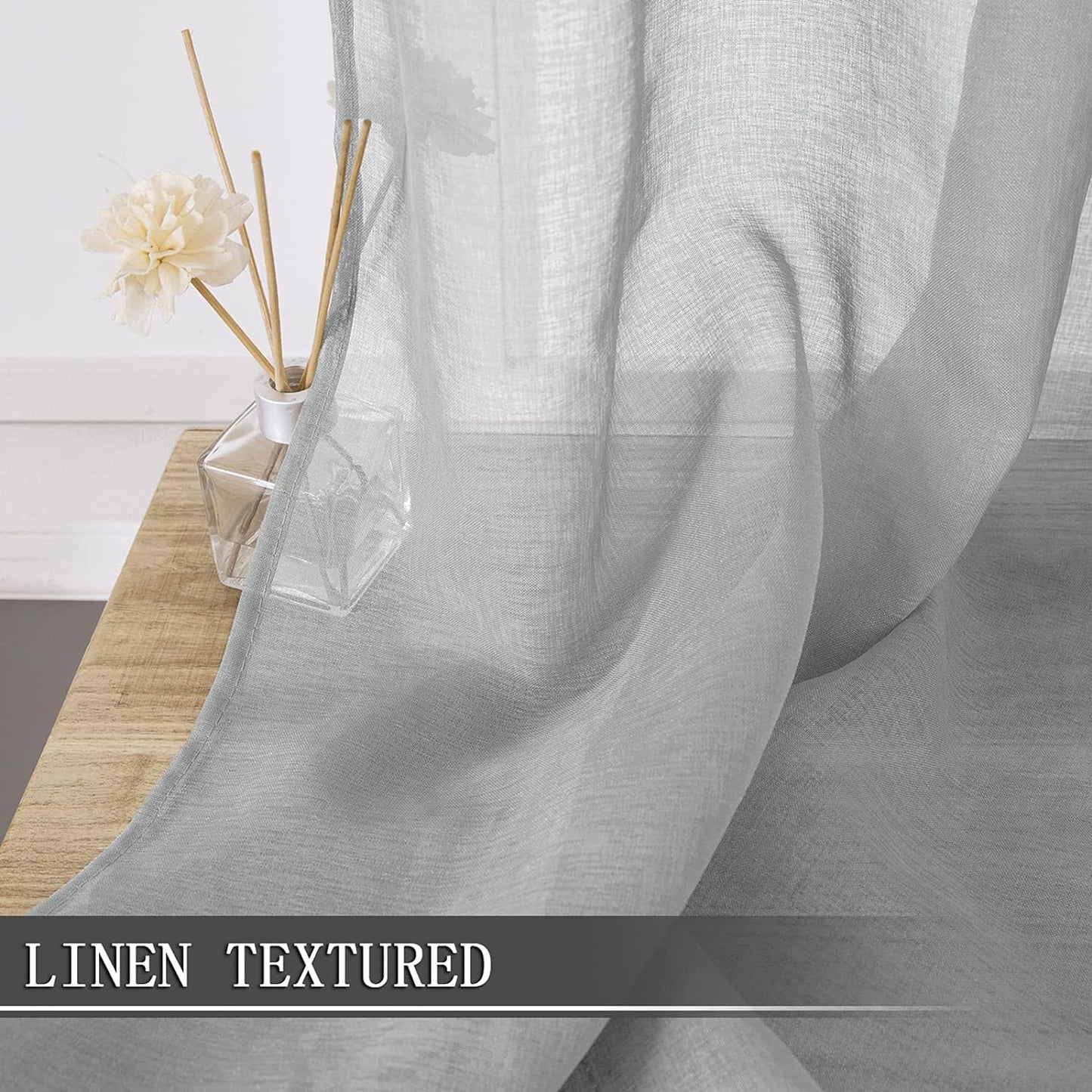 Tollpiz Sheer Curtains Living Room Linen Textured Curtain Sheers Light Filtering Voile Rod Pocket Curtains for Bedroom, 38 x 63 inches Long, Silver Grey, Set of 2 Panels