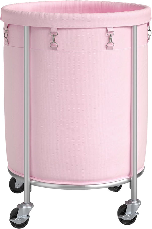 ELYKEN Laundry Basket with Wheels, 170L Rolling Laundry Hamper with Removable Bag and Steel Frame, Round Laundry Cart with 4 Casters and 2 Brakes, Ideal for Bedroom, Bathroom, Laundry Room, Pink