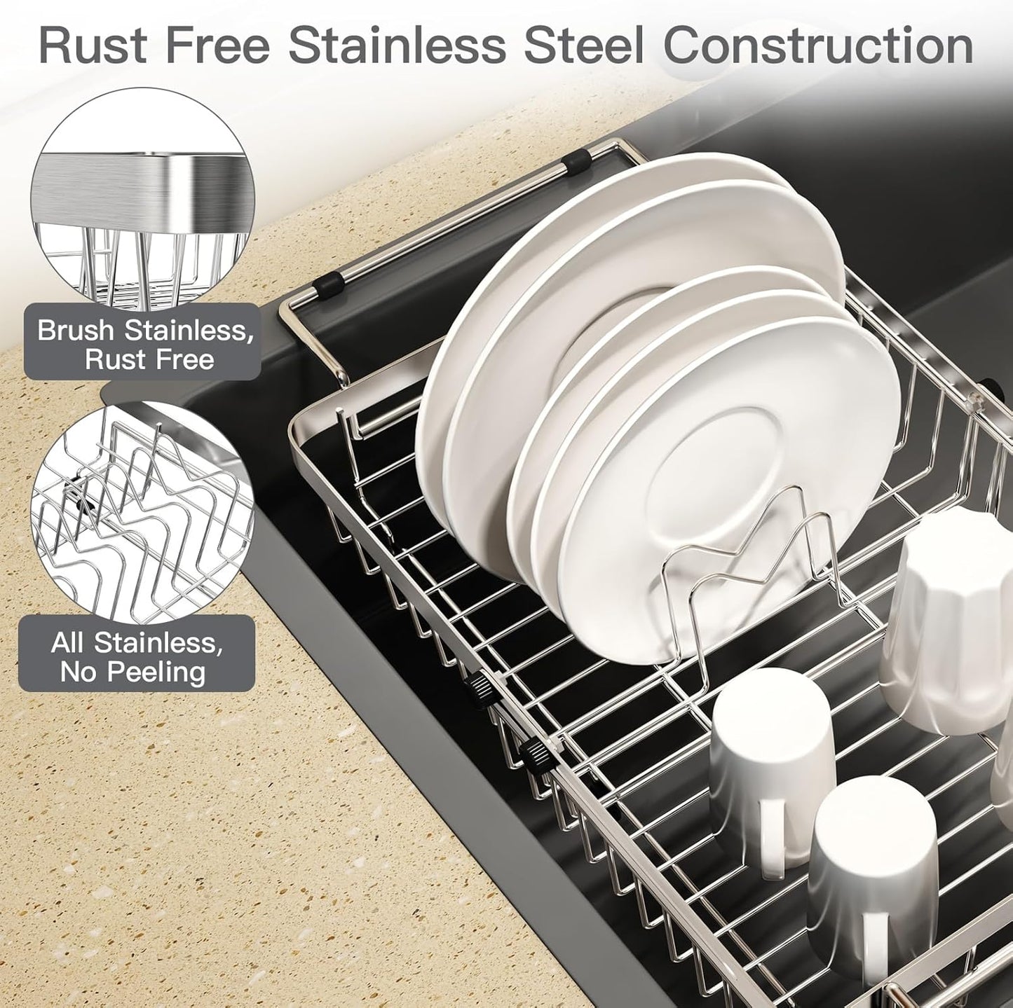Small Expandable Over The Sink Dish Drainer Drying Rack in Stainless Steel Metal for Kitchen, Counter Space Saving Compact Above Plate Dryer Strainer, Adjustable Hanging Inside Sink Wire Drain Holder