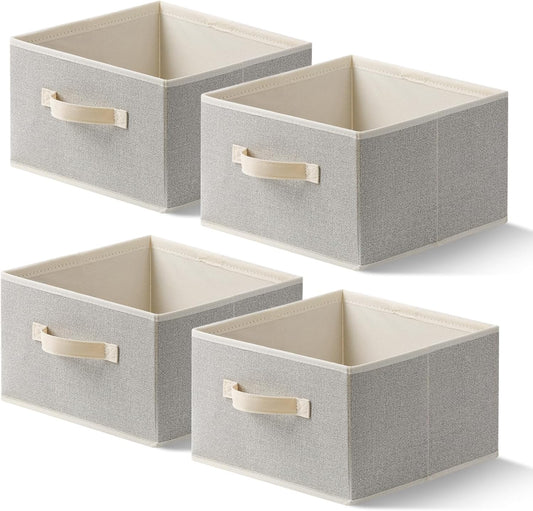 Storage Baskets, 11-Inch Woven Fabric Bins, Storage Cubes with Reinforced Handles, Organizer Bins for Closet Shelves, Foldable, for Toys, Clothes, Natural Beige (4PCS/Beige-11*11*7.8inch)
