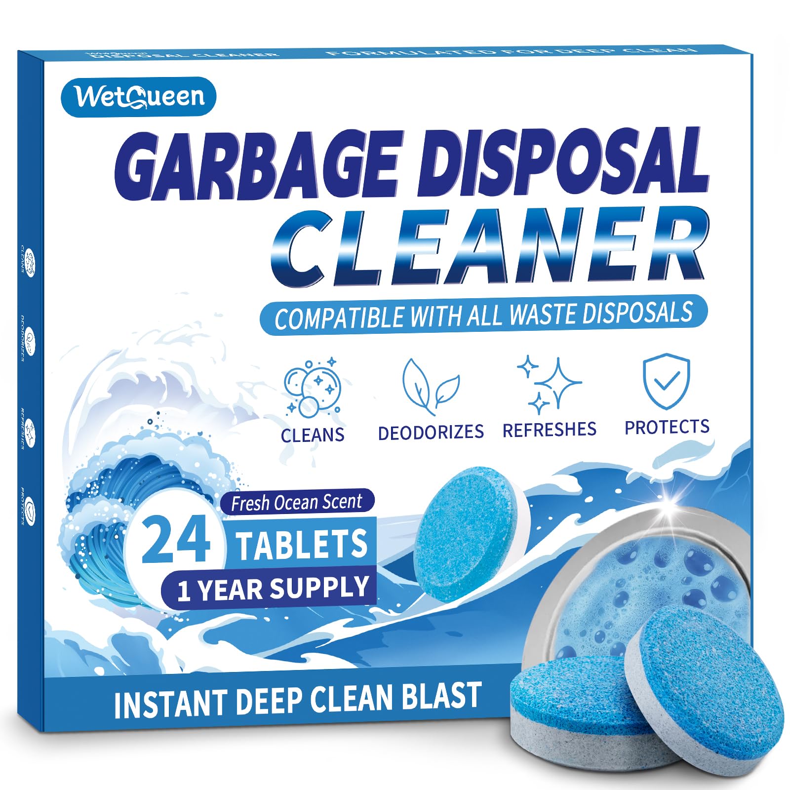 Wetqueen Garbage Disposal Cleaner and Deodorizer Tablets - 24 Pack, Fresh Ocean Scent, Powerful XL