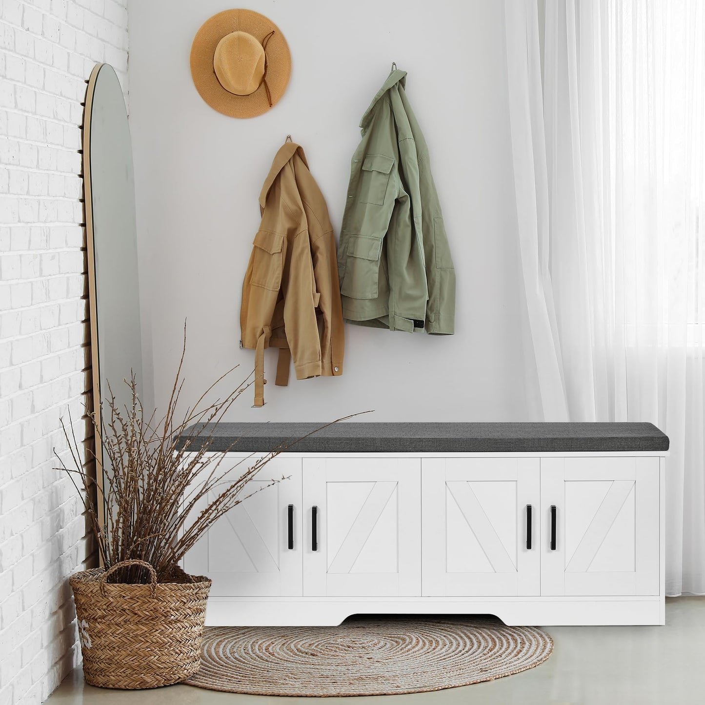 HOMSHO Farmhouse Shoe Storage Bench with 4 Barn Doors & Padded Seat Cushion